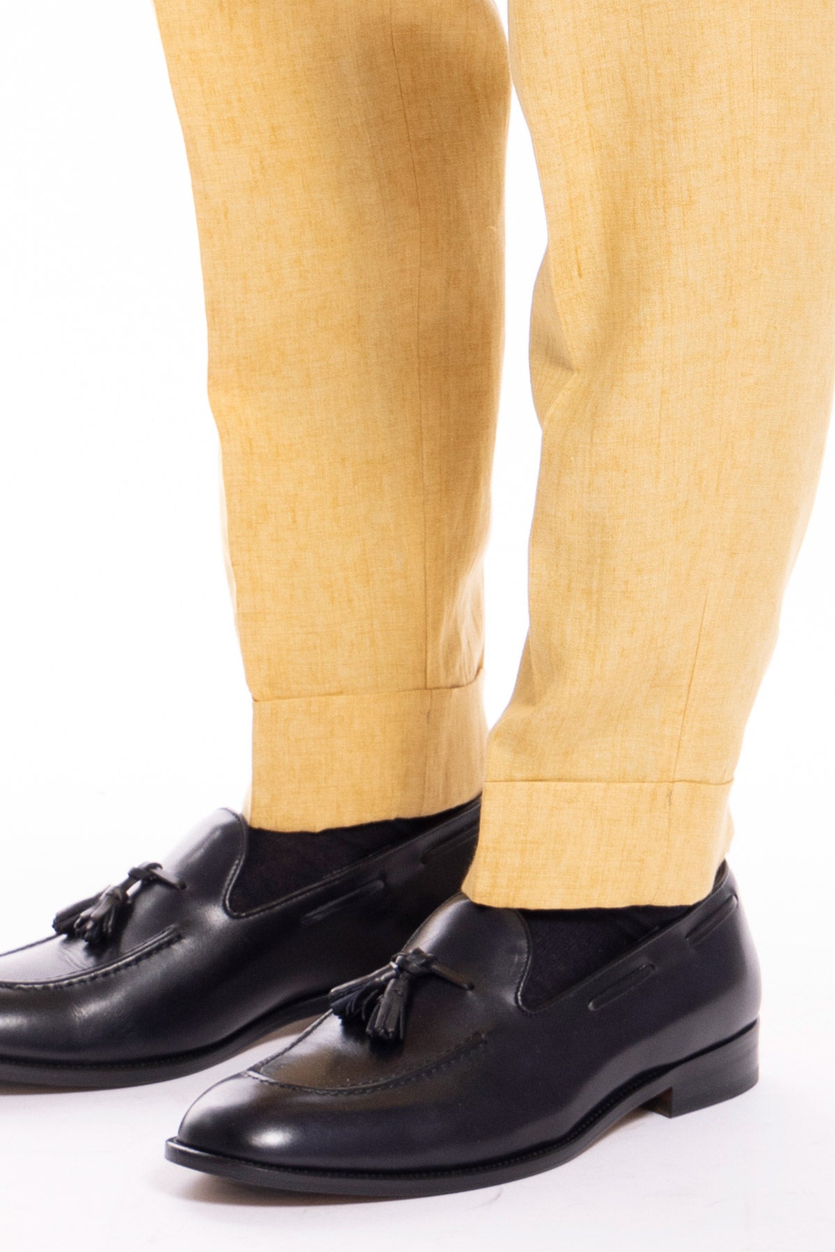Pantalone uomo vita alta giallo 100% lino Bristol Tessuti Napoli con fibbie laterali e doppia pinces