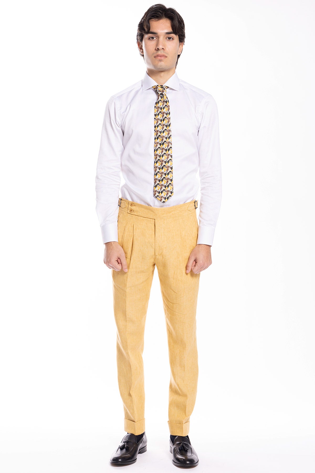 Pantalone uomo vita alta giallo 100% lino Bristol Tessuti Napoli con fibbie laterali e doppia pinces