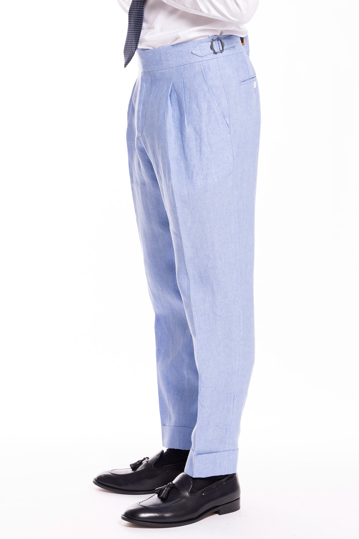 Pantalone uomo vita alta azzurro 100% lino Bristol Tessuti Napoli con fibbie laterali e doppia pinces