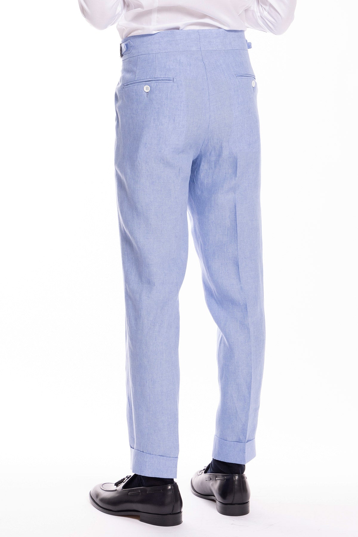 Pantalone uomo vita alta azzurro 100% lino Bristol Tessuti Napoli con fibbie laterali e doppia pinces