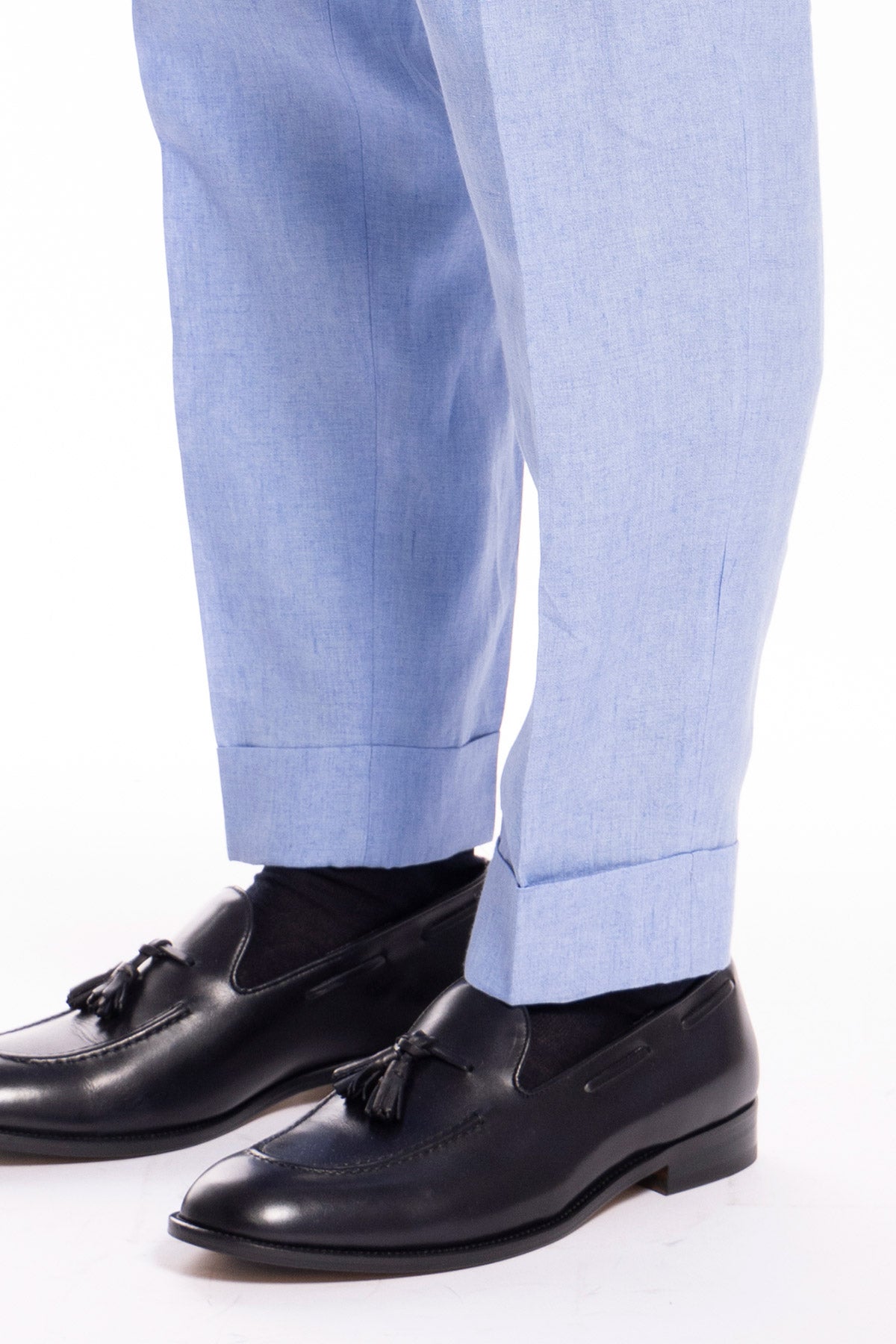 Pantalone uomo vita alta azzurro 100% lino Bristol Tessuti Napoli con fibbie laterali e doppia pinces