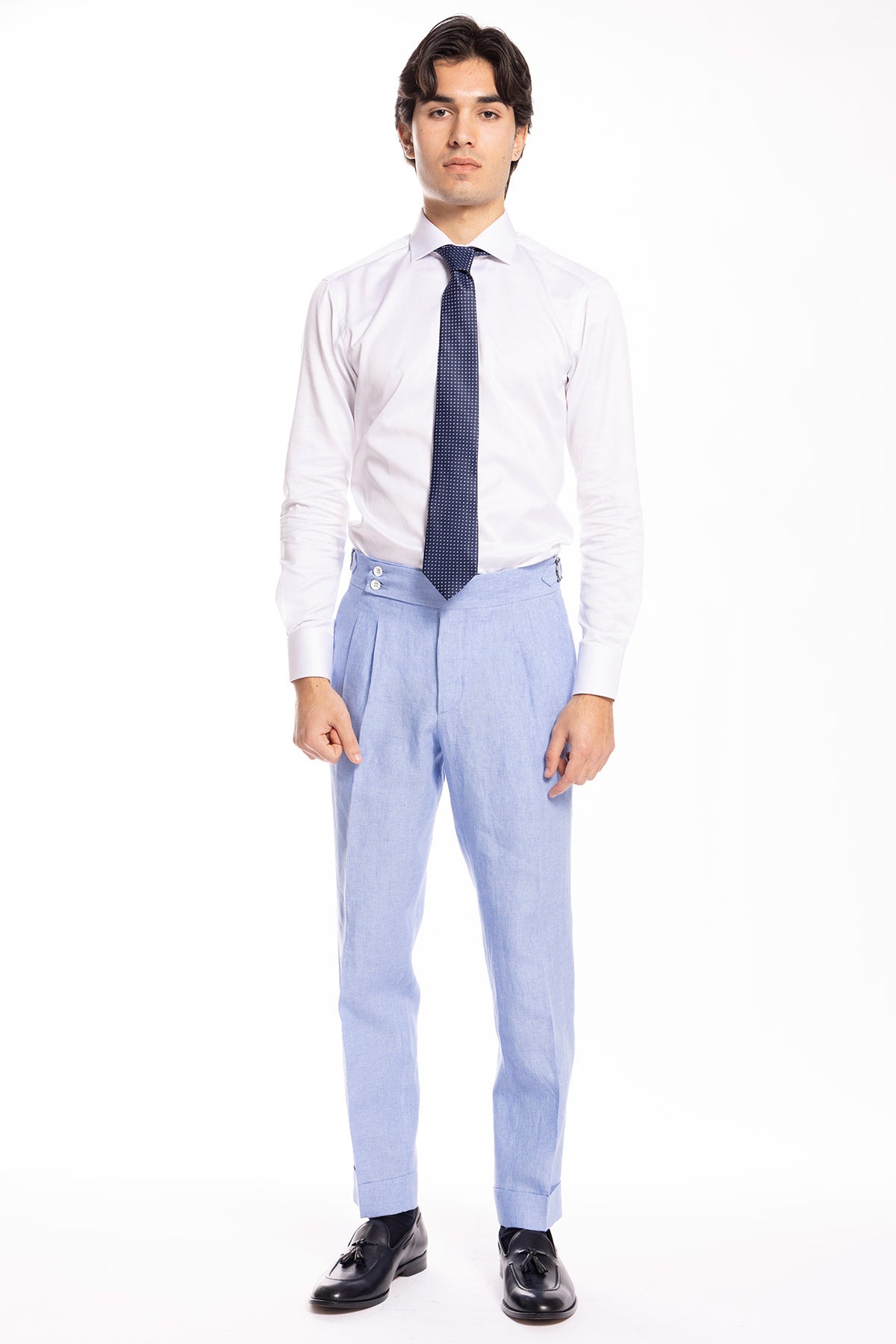 Pantalone uomo vita alta azzurro 100% lino Bristol Tessuti Napoli con fibbie laterali e doppia pinces