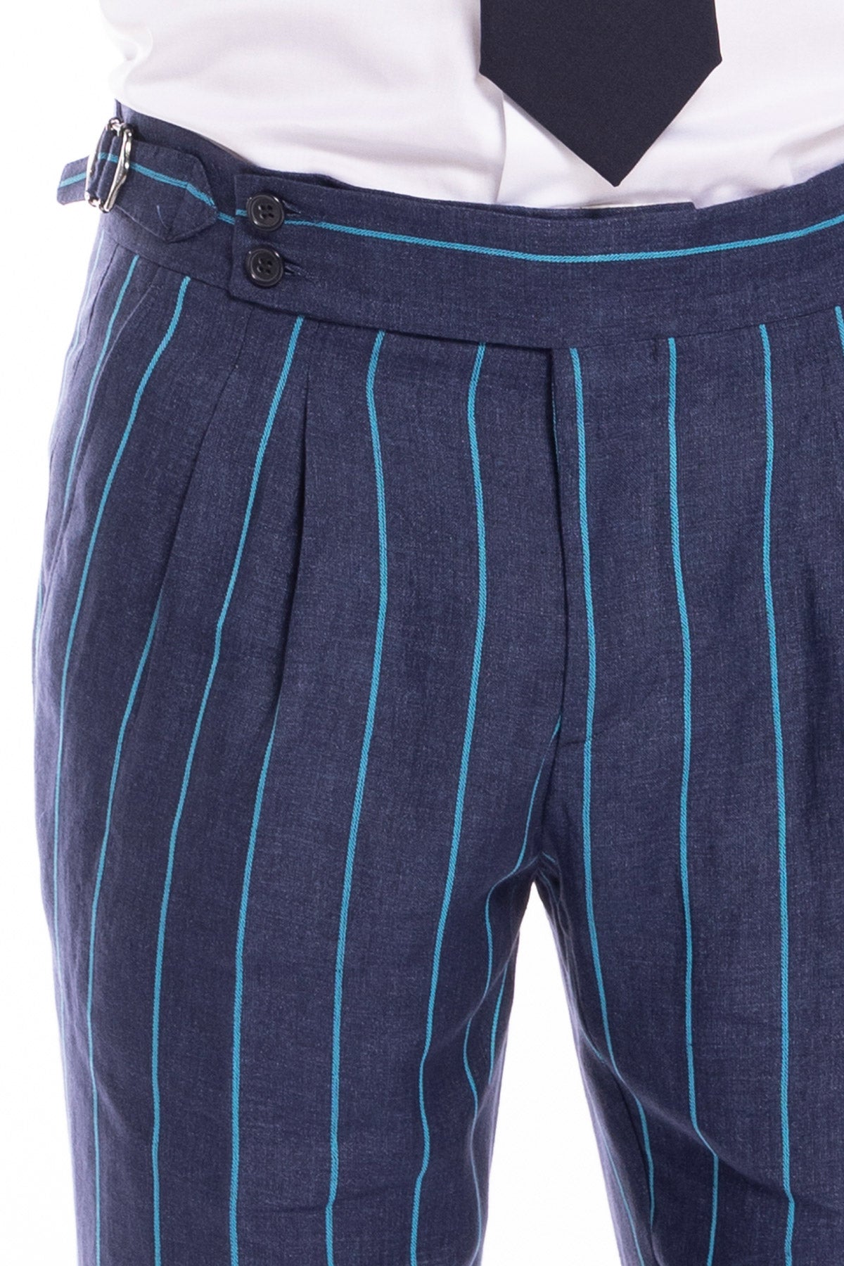 Pantalone uomo vita alta blu denim gessato con riga azzurra 100% lino Bristol Tessuti Napoli con fibbie laterali e doppia pinces