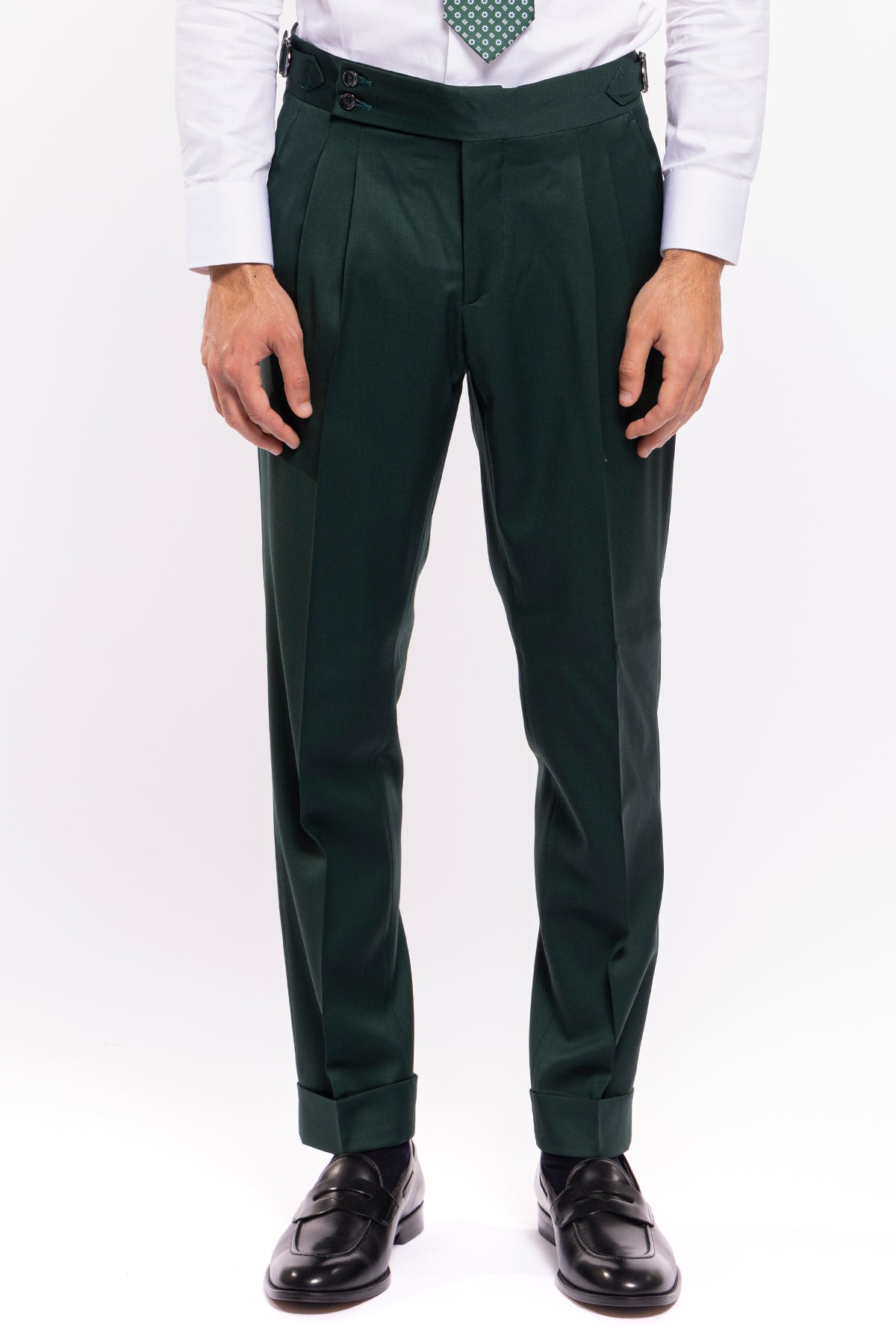 Pantalone uomo vita alta verde bottiglia fresco lana super 130's Bristol Tessuti con fibbie laterali