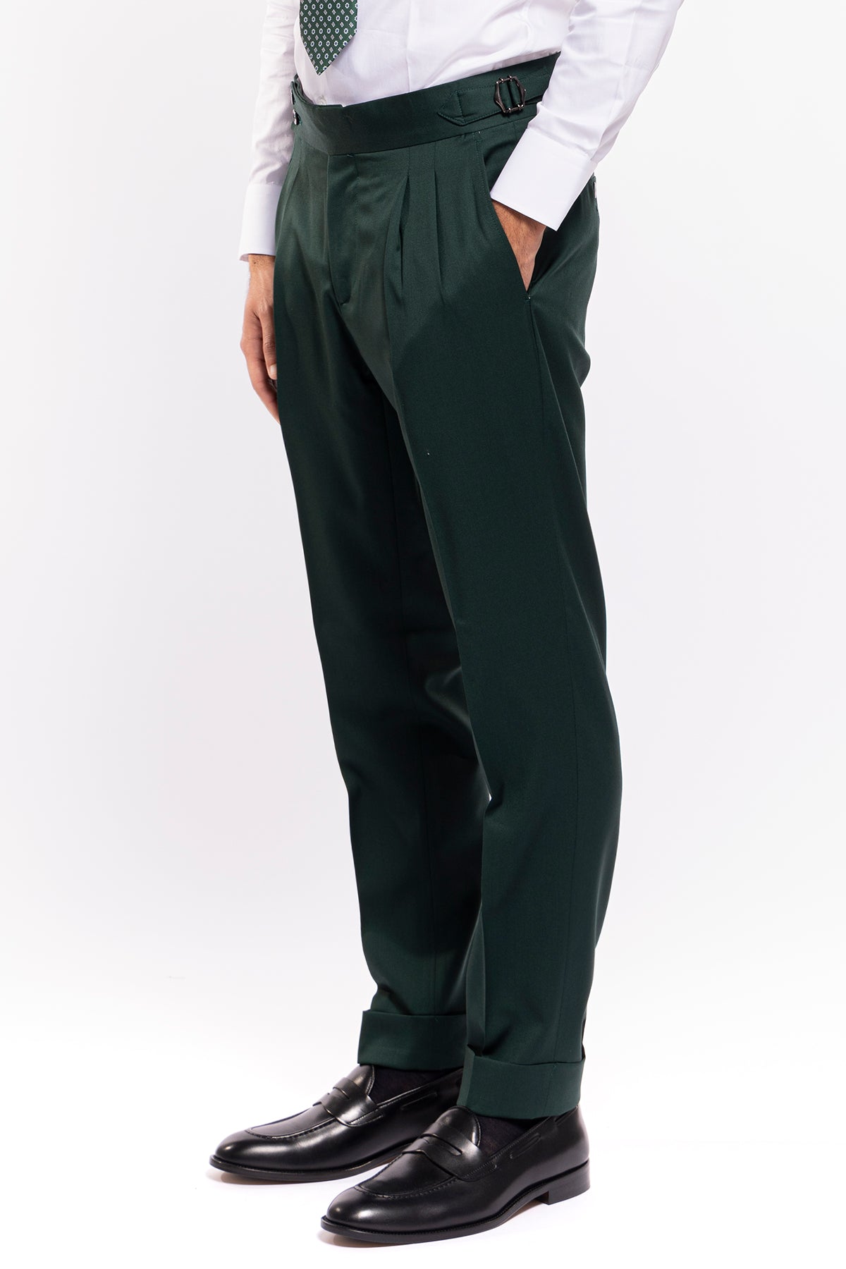 Pantalone uomo vita alta verde bottiglia fresco lana super 130's Bristol Tessuti con fibbie laterali