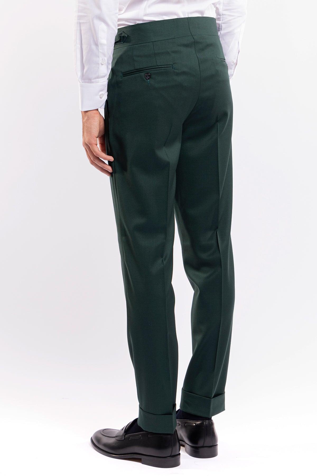 Pantalone uomo vita alta verde bottiglia fresco lana super 130's Bristol Tessuti con fibbie laterali