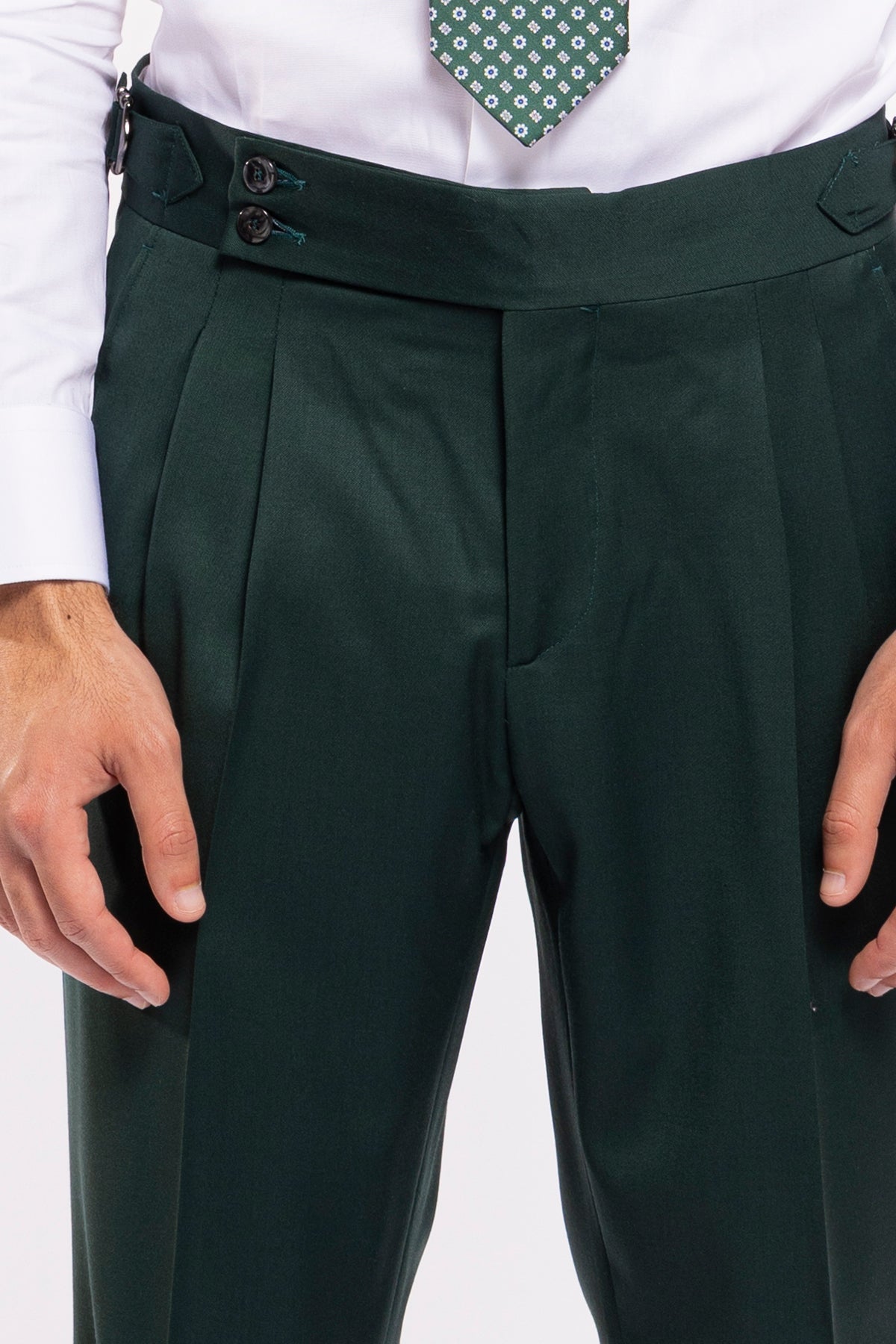 Pantalone uomo vita alta verde bottiglia fresco lana super 130's Bristol Tessuti con fibbie laterali