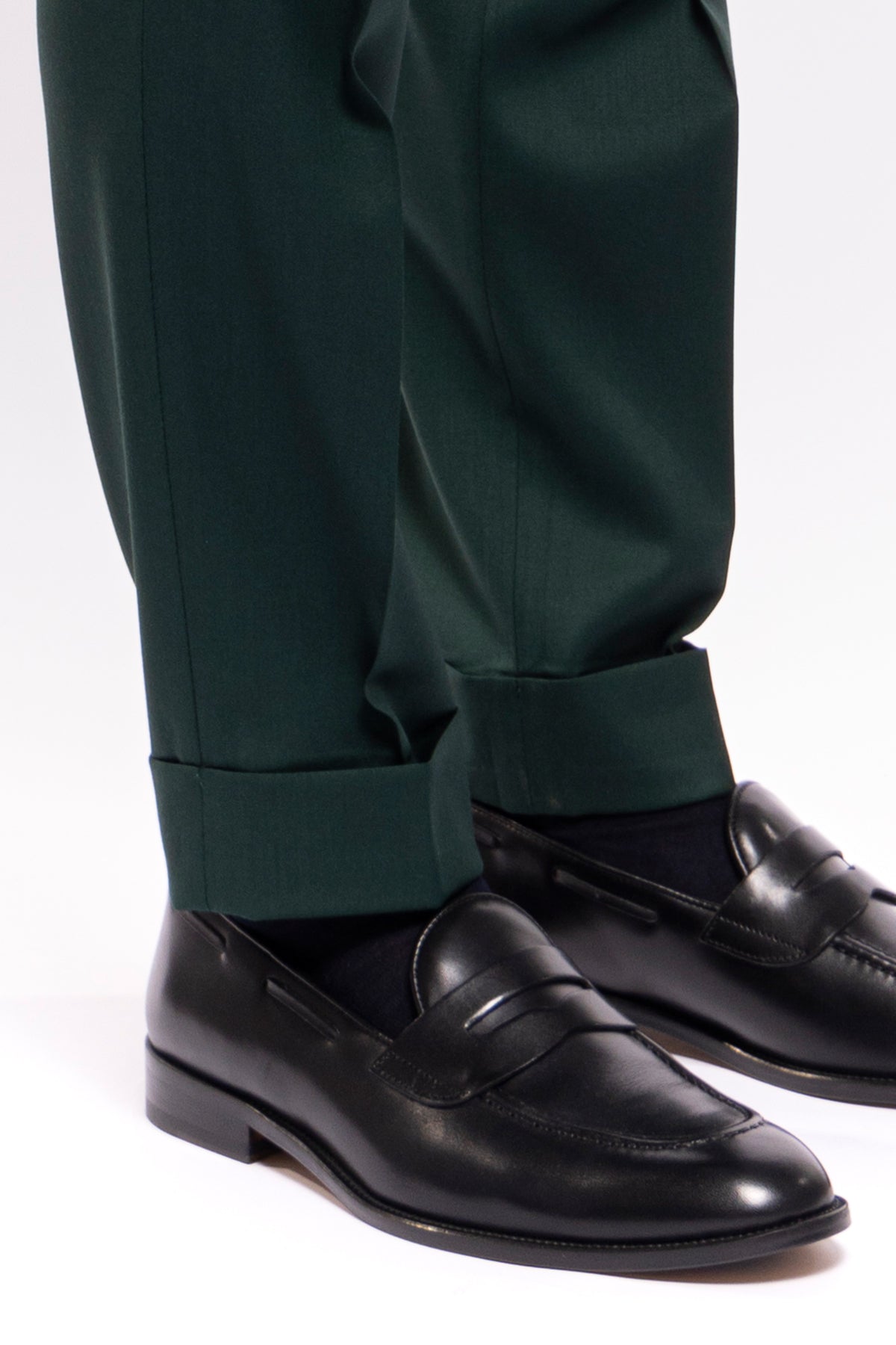 Pantalone uomo vita alta verde bottiglia fresco lana super 130's Bristol Tessuti con fibbie laterali