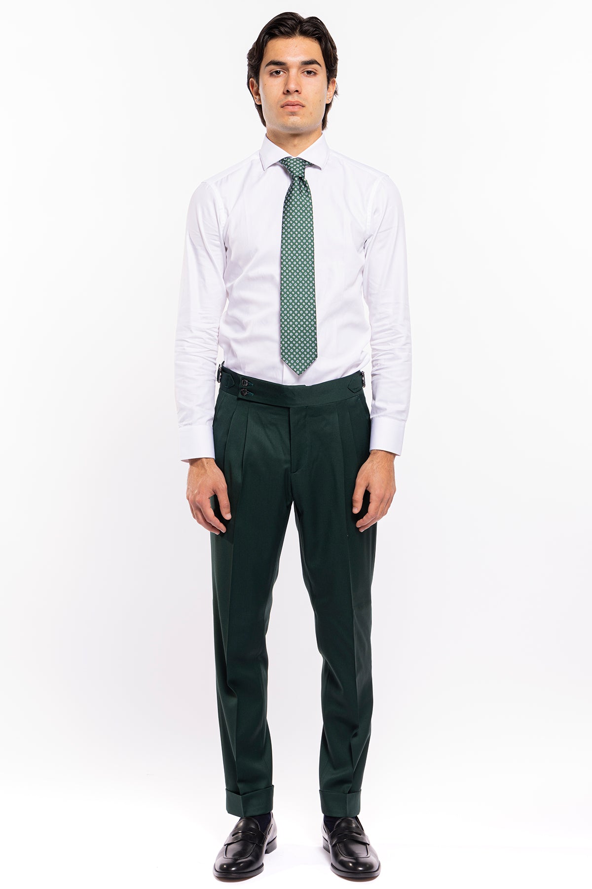 Pantalone uomo vita alta verde bottiglia fresco lana super 130's Bristol Tessuti con fibbie laterali