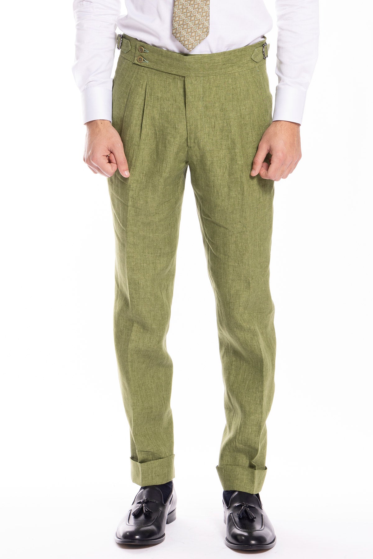 Pantalone uomo vita alta verde in lino 100%  Bristol Tessuti Napoli con doppia pinces e fibbie laterali
