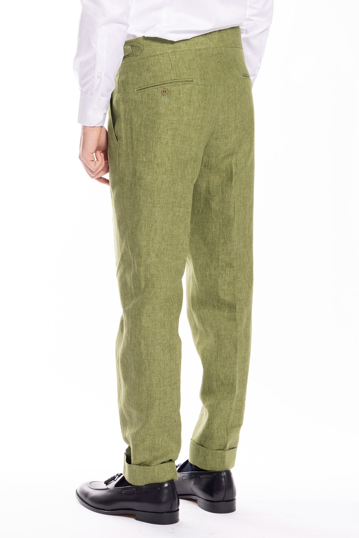 Pantalone uomo vita alta verde in lino 100%  Bristol Tessuti Napoli con doppia pinces e fibbie laterali