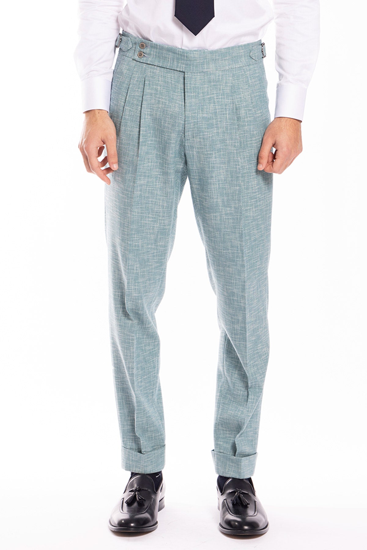 Pantalone uomo vita alta verde tiffany effetto melange misto lana e cotone Bristol Tessuti Napoli con fibbie laterali e doppia pinces .
