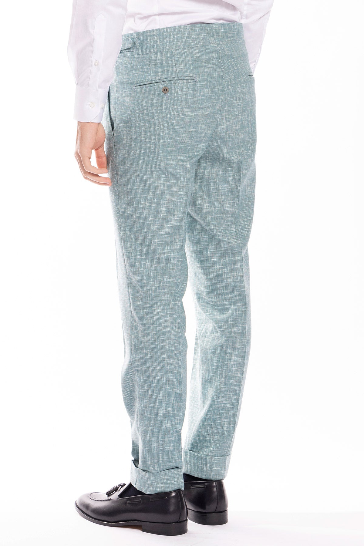 Pantalone uomo vita alta verde tiffany effetto melange misto lana e cotone Bristol Tessuti Napoli con fibbie laterali e doppia pinces .