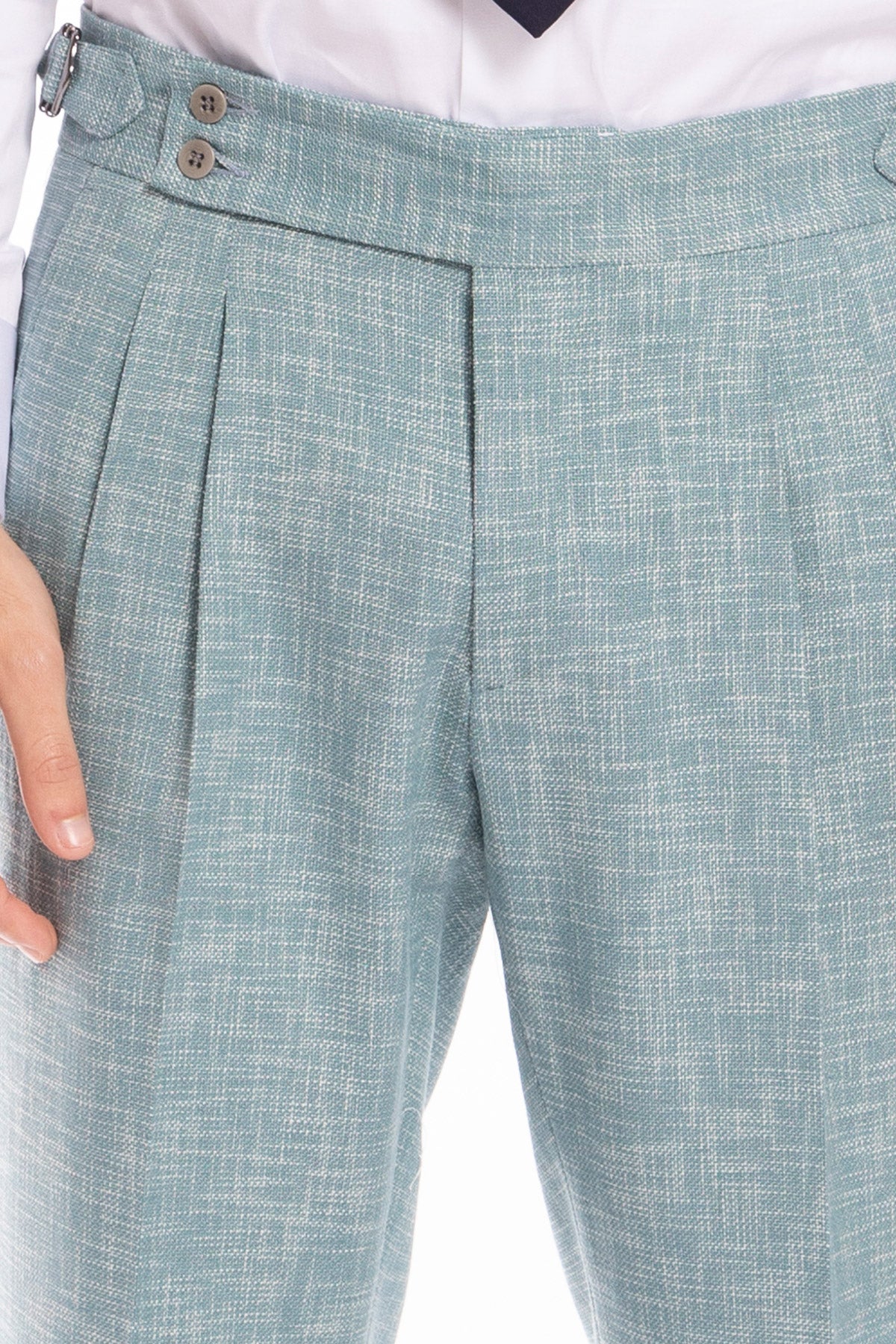 Pantalone uomo vita alta verde tiffany effetto melange misto lana e cotone Bristol Tessuti Napoli con fibbie laterali e doppia pinces .