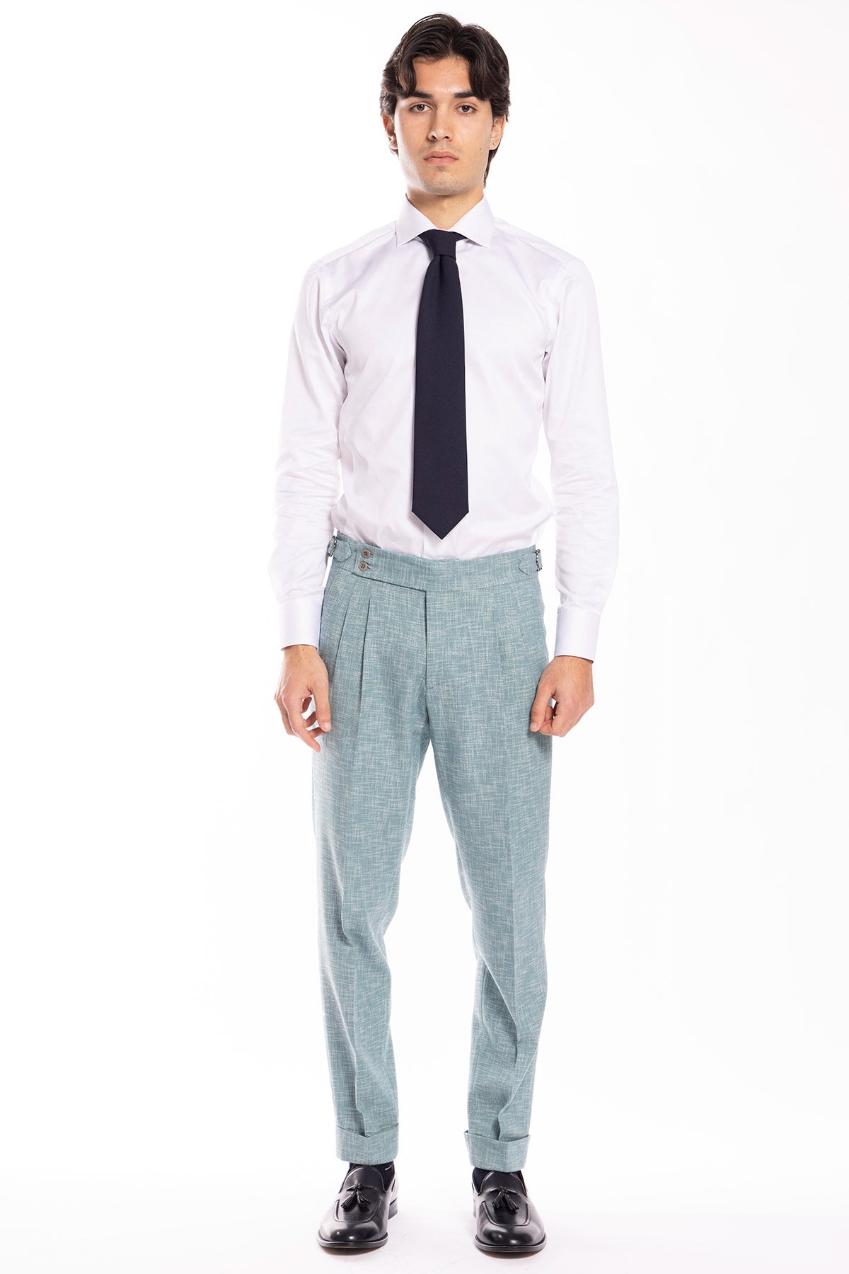Pantalone uomo vita alta verde tiffany effetto melange misto lana e cotone Bristol Tessuti Napoli con fibbie laterali e doppia pinces .