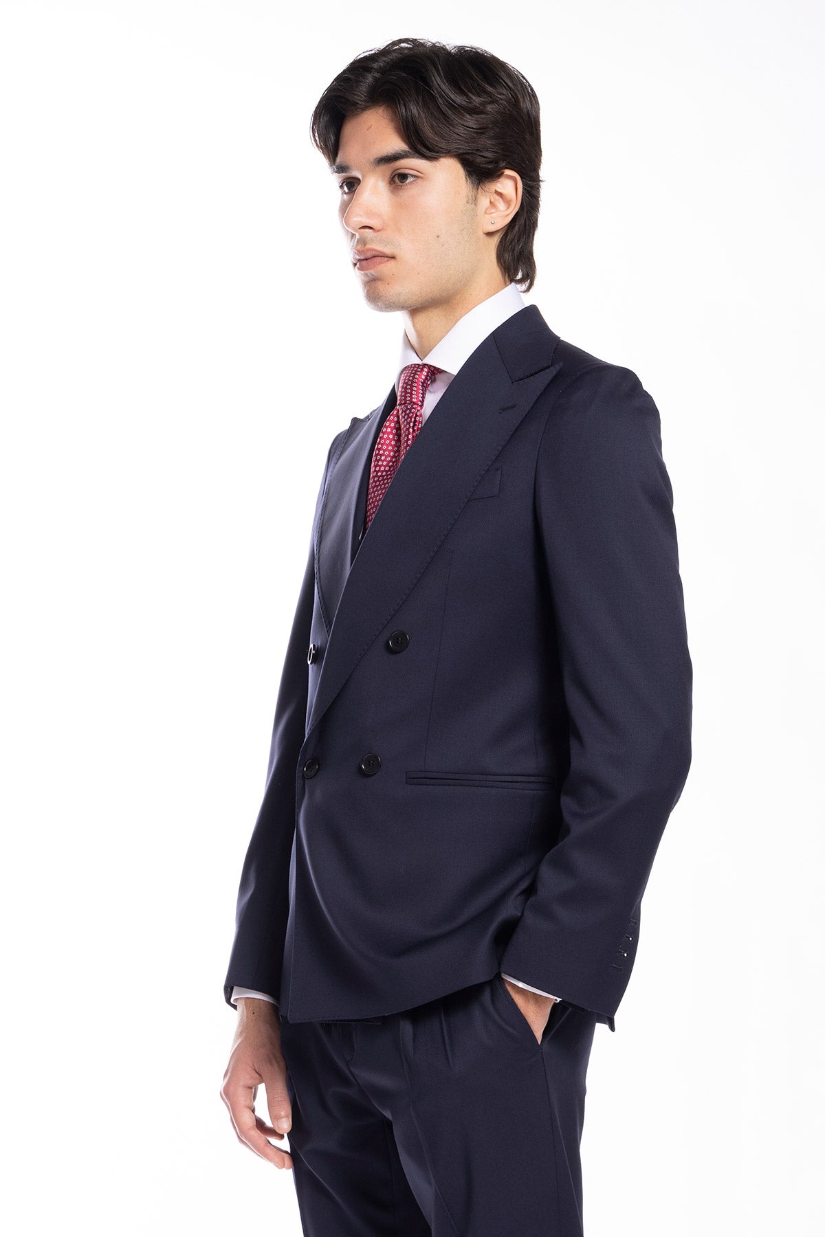 Giacca uomo doppiopetto blu notte fresco lana super 130's Vitale Barberis Canonico Rever largo .
