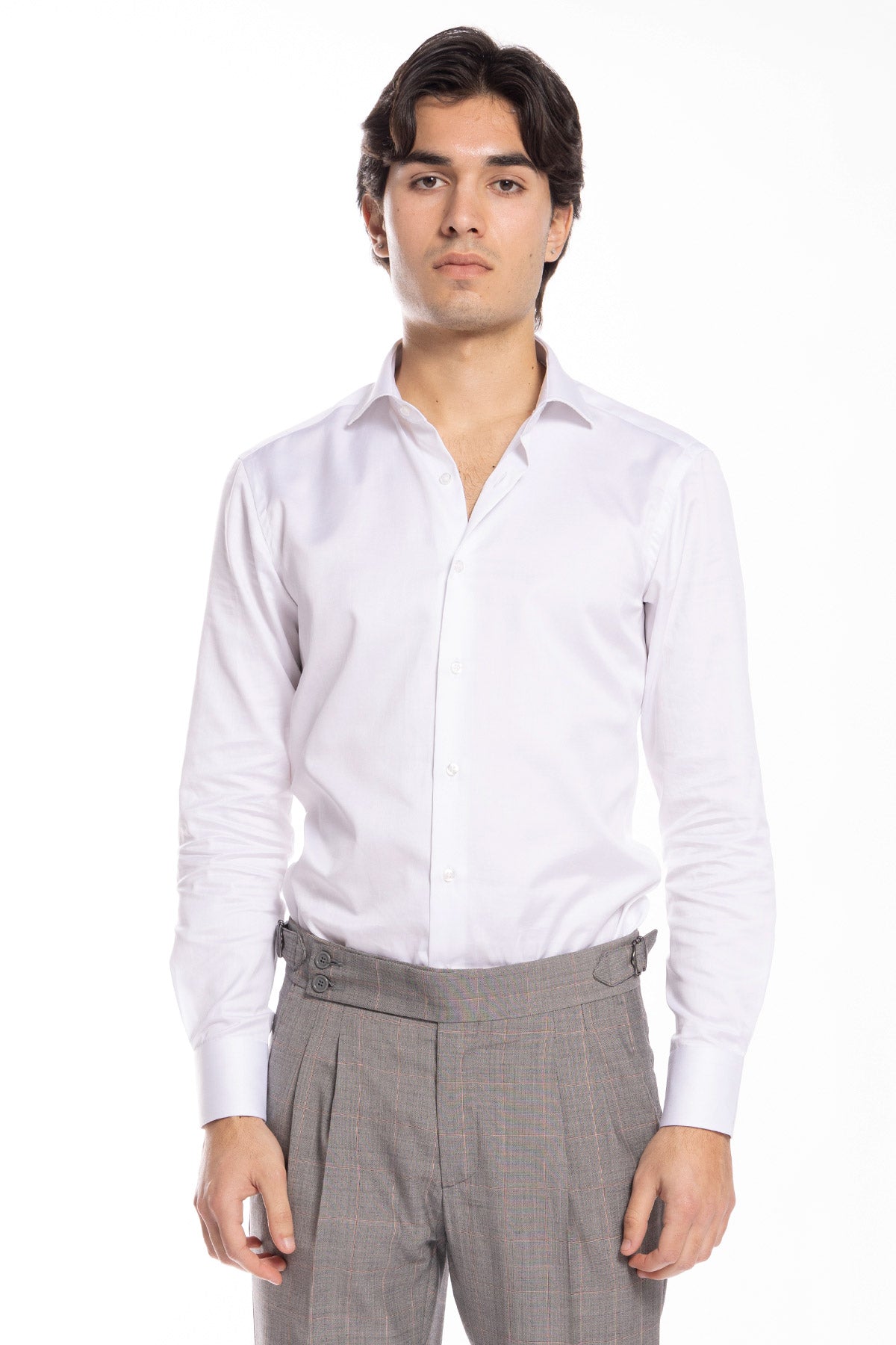 Camicia Uomo slim Fit bianca 100% cotone Tinta unita collo semi francese mileta Tessuti