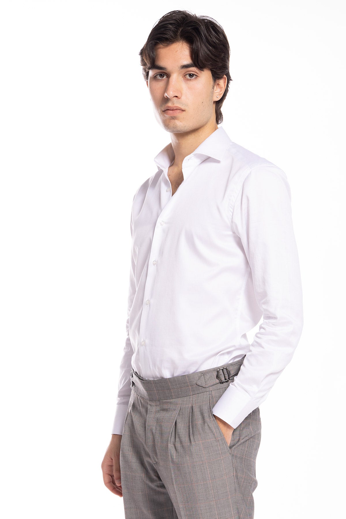 Camicia Uomo slim Fit bianca 100% cotone Tinta unita collo semi francese mileta Tessuti