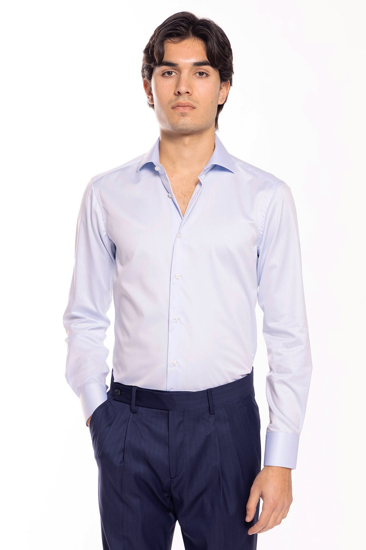 Camicia Uomo slim Fit celeste 100% cotone no iron Tinta unita collo semi francese mileta Tessuti
