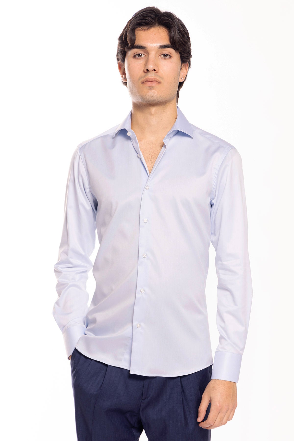 Camicia Uomo slim Fit celeste 100% cotone no iron Tinta unita collo semi francese mileta Tessuti