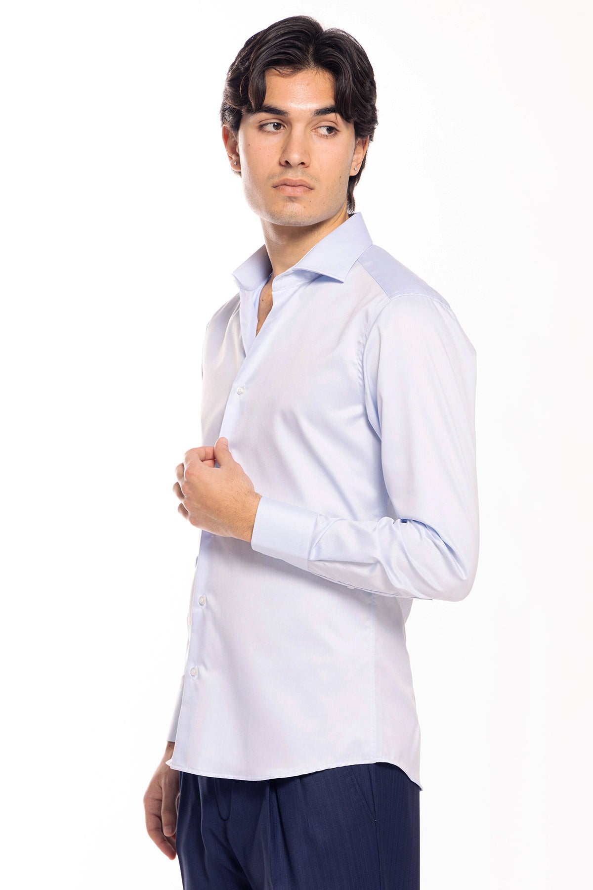 Camicia Uomo slim Fit celeste 100% cotone no iron Tinta unita collo semi francese mileta Tessuti