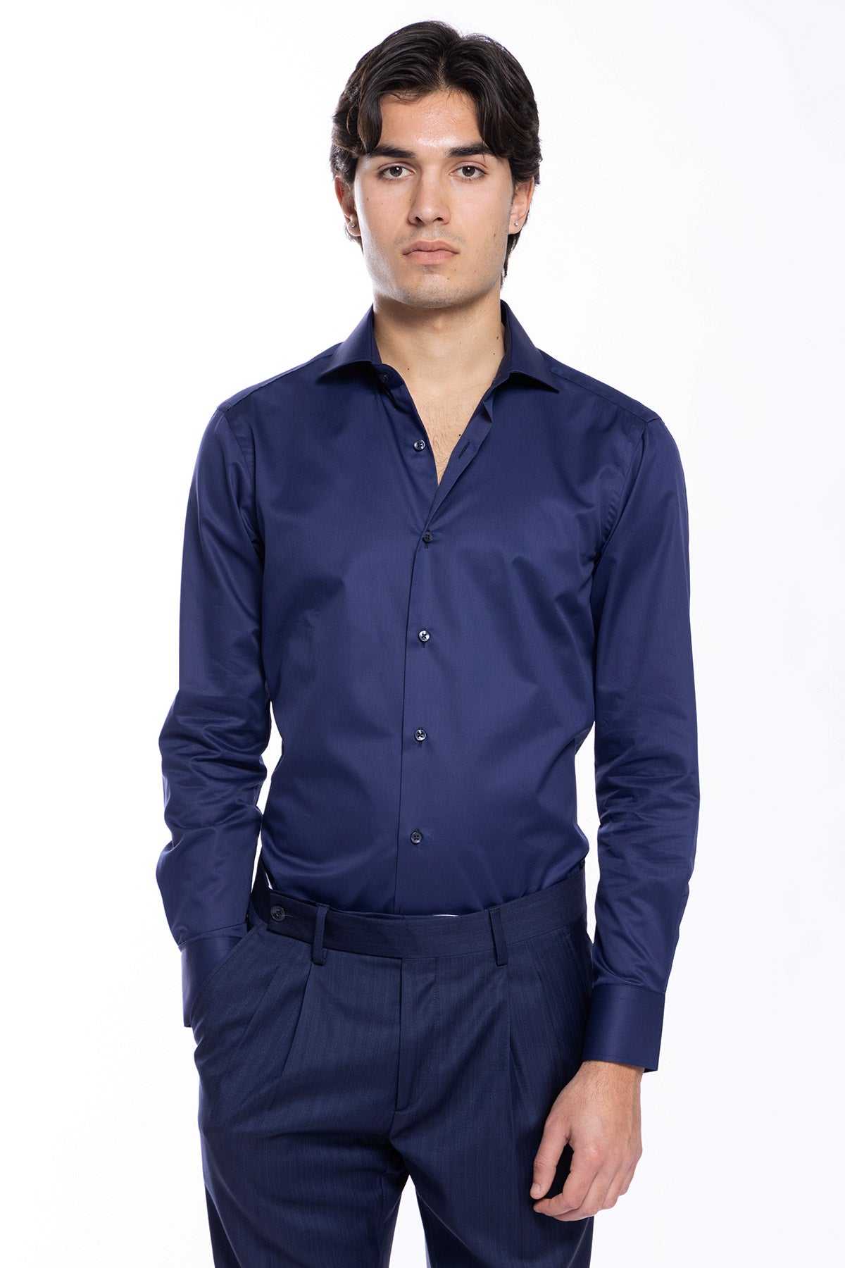 Camicia Uomo slim Fit blu 100% cotone Tinta unita collo semi francese mileta Tessuti