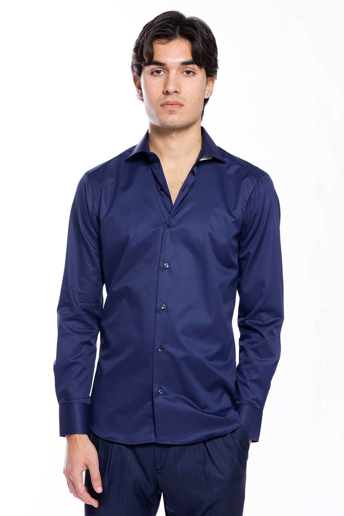 Camicia Uomo slim Fit blu 100% cotone Tinta unita collo semi francese mileta Tessuti