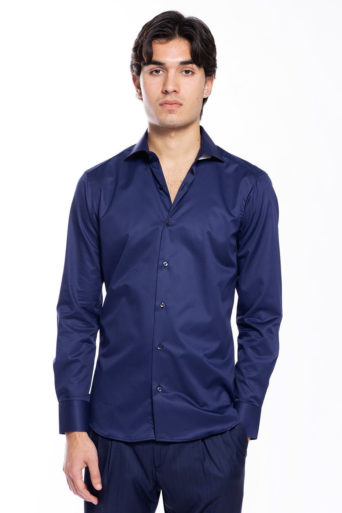 Camicia Uomo slim Fit blu 100% cotone Tinta unita collo semi francese mileta Tessuti