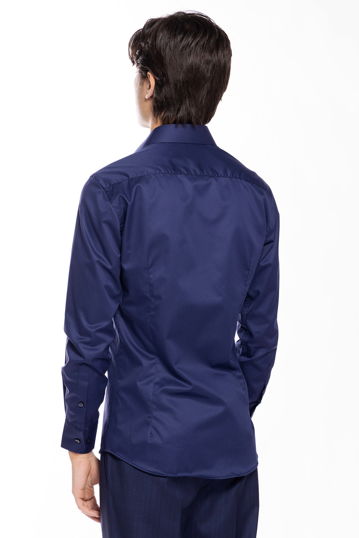 Camicia Uomo slim Fit blu 100% cotone Tinta unita collo semi francese mileta Tessuti