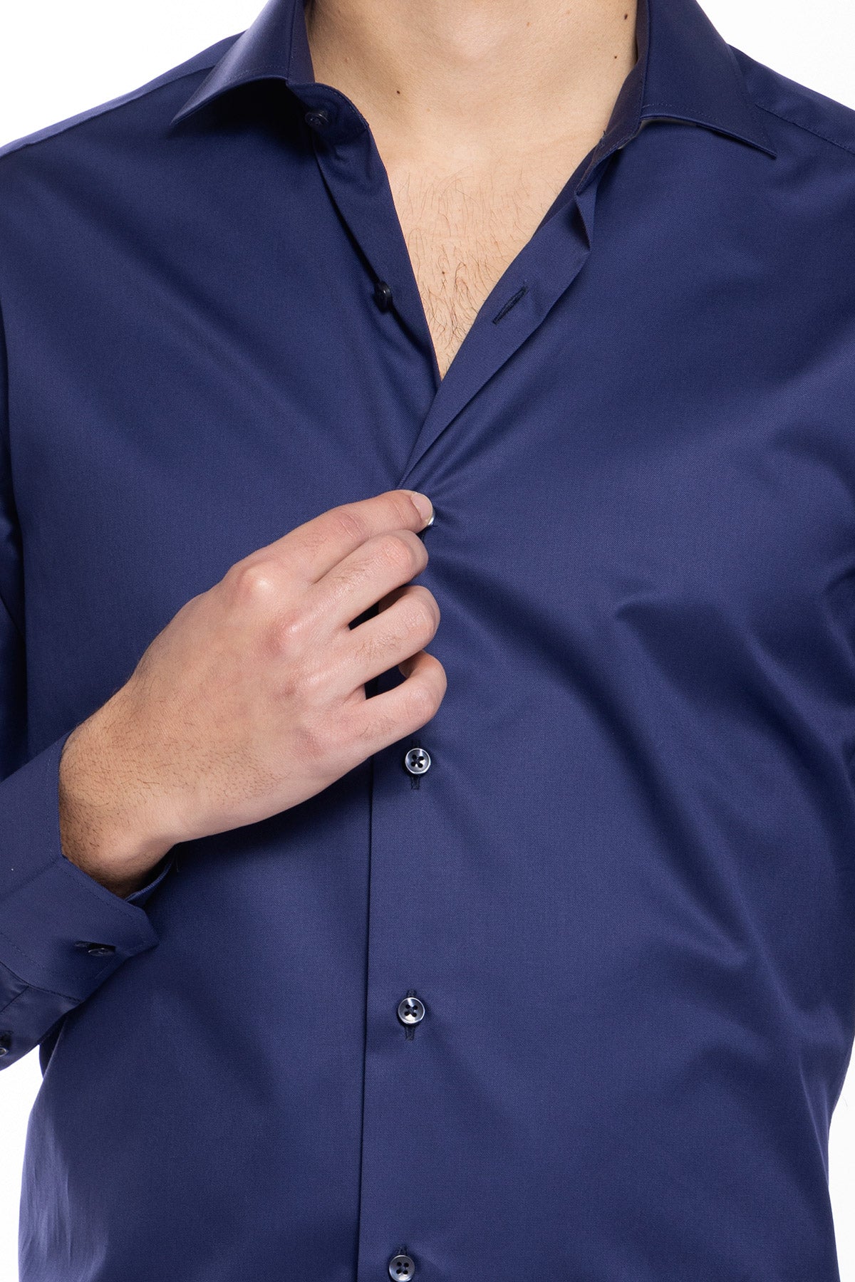 Camicia Uomo slim Fit blu 100% cotone Tinta unita collo semi francese mileta Tessuti
