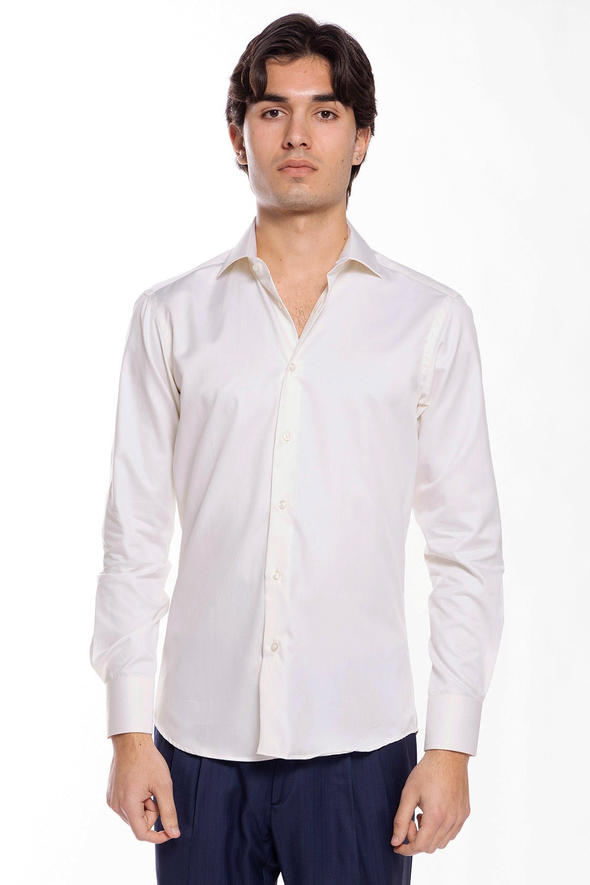 Camicia Uomo slim Fit panna 100% cotone Tinta unita collo semi francese mileta Tessuti