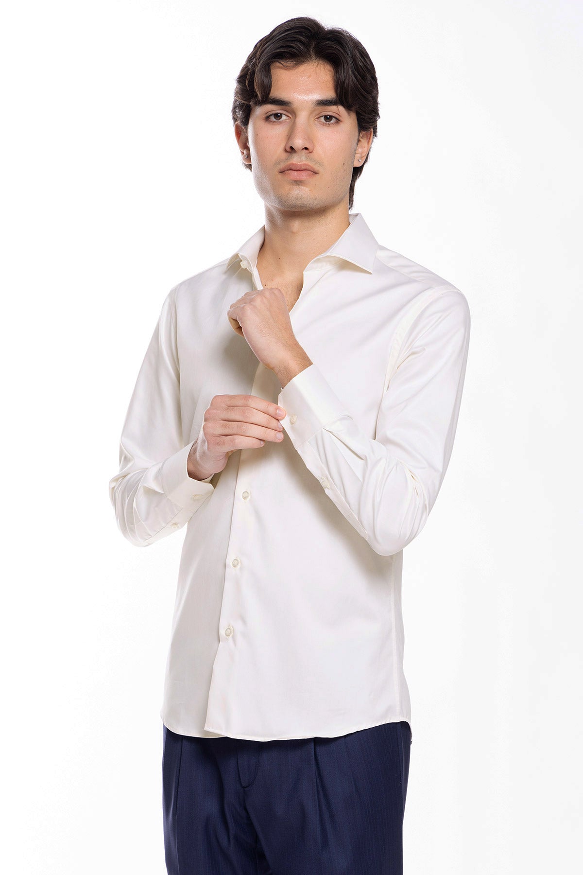 Camicia Uomo slim Fit panna 100% cotone Tinta unita collo semi francese mileta Tessuti