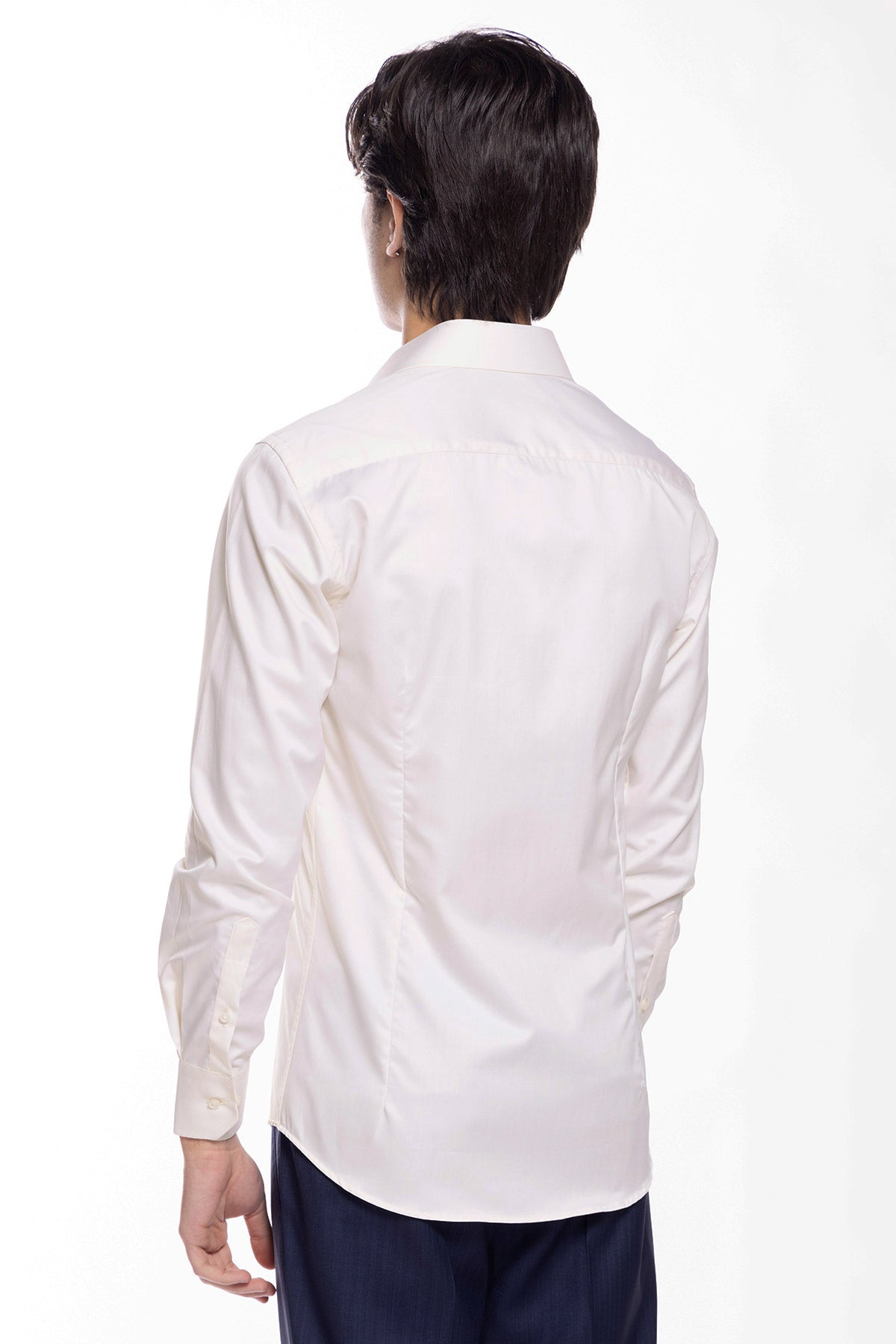 Camicia Uomo slim Fit panna 100% cotone Tinta unita collo semi francese mileta Tessuti
