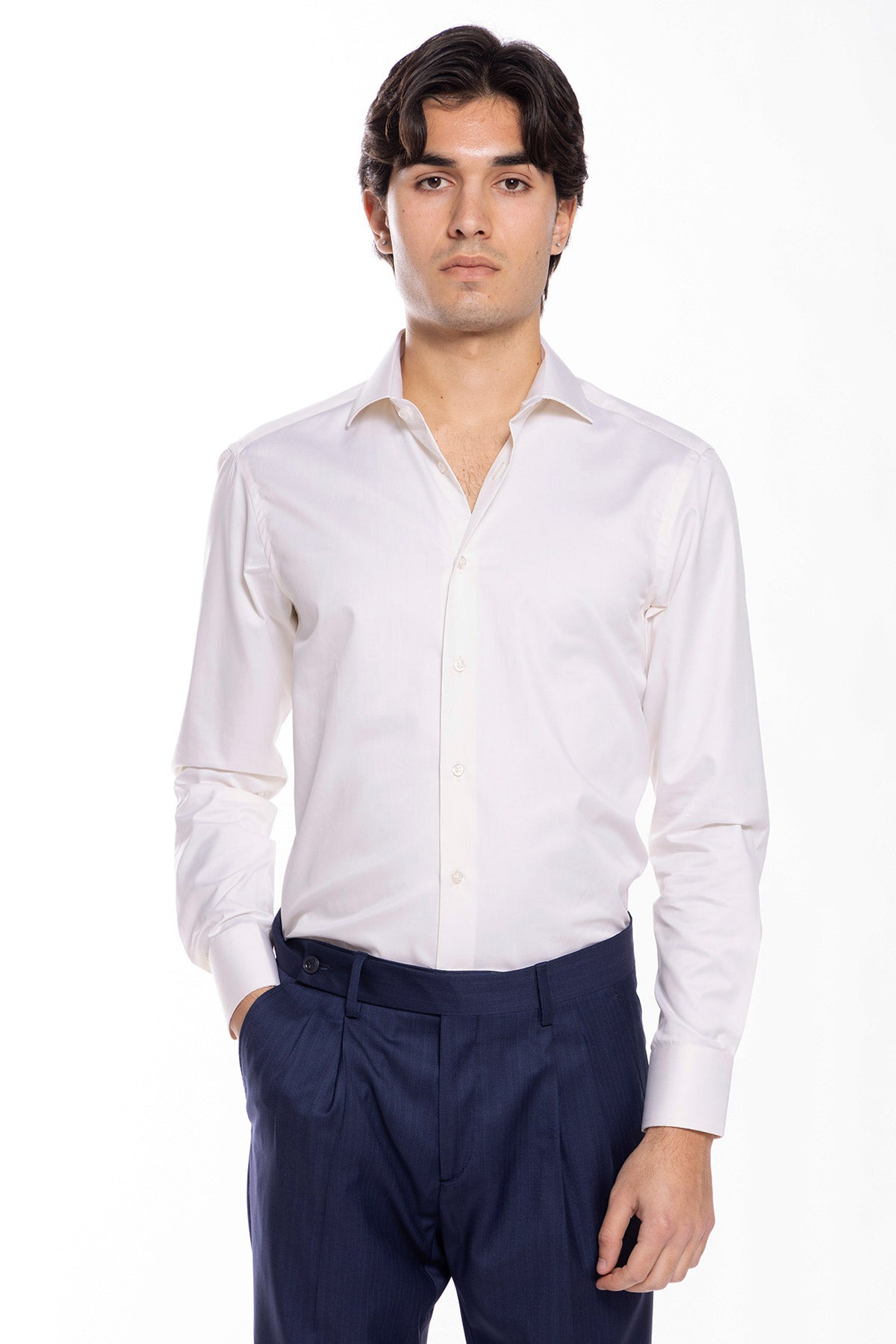 Camicia Uomo slim Fit panna 100% cotone Tinta unita collo semi francese mileta Tessuti