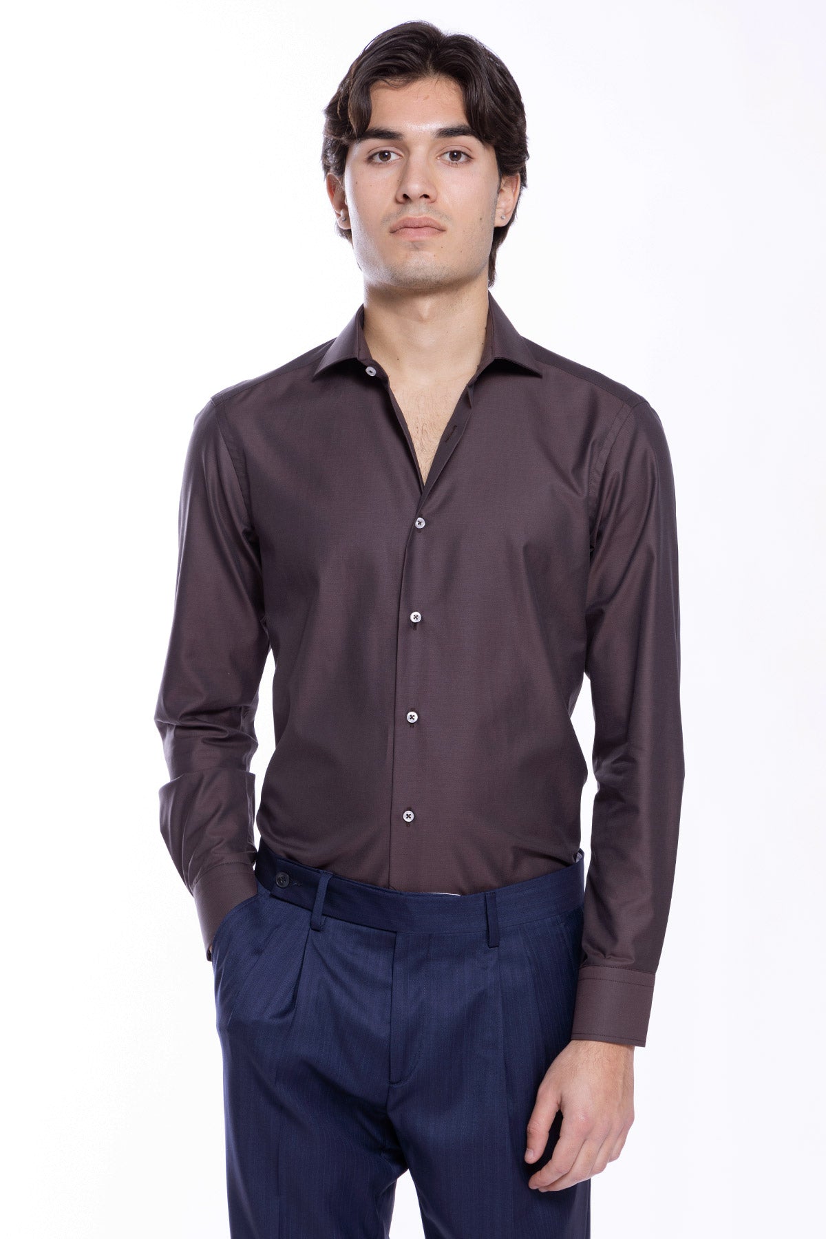 Camicia Uomo slim Fit marrone 100% cotone Tinta unita collo semi francese mileta Tessuti