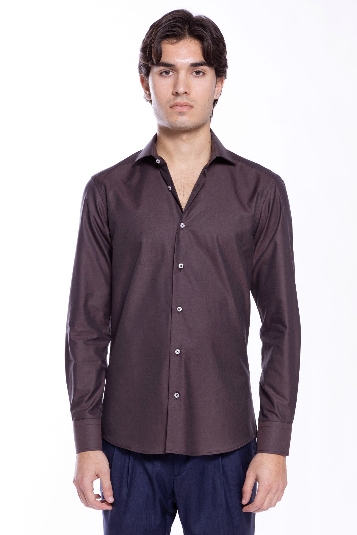 Camicia Uomo slim Fit marrone 100% cotone Tinta unita collo semi francese mileta Tessuti