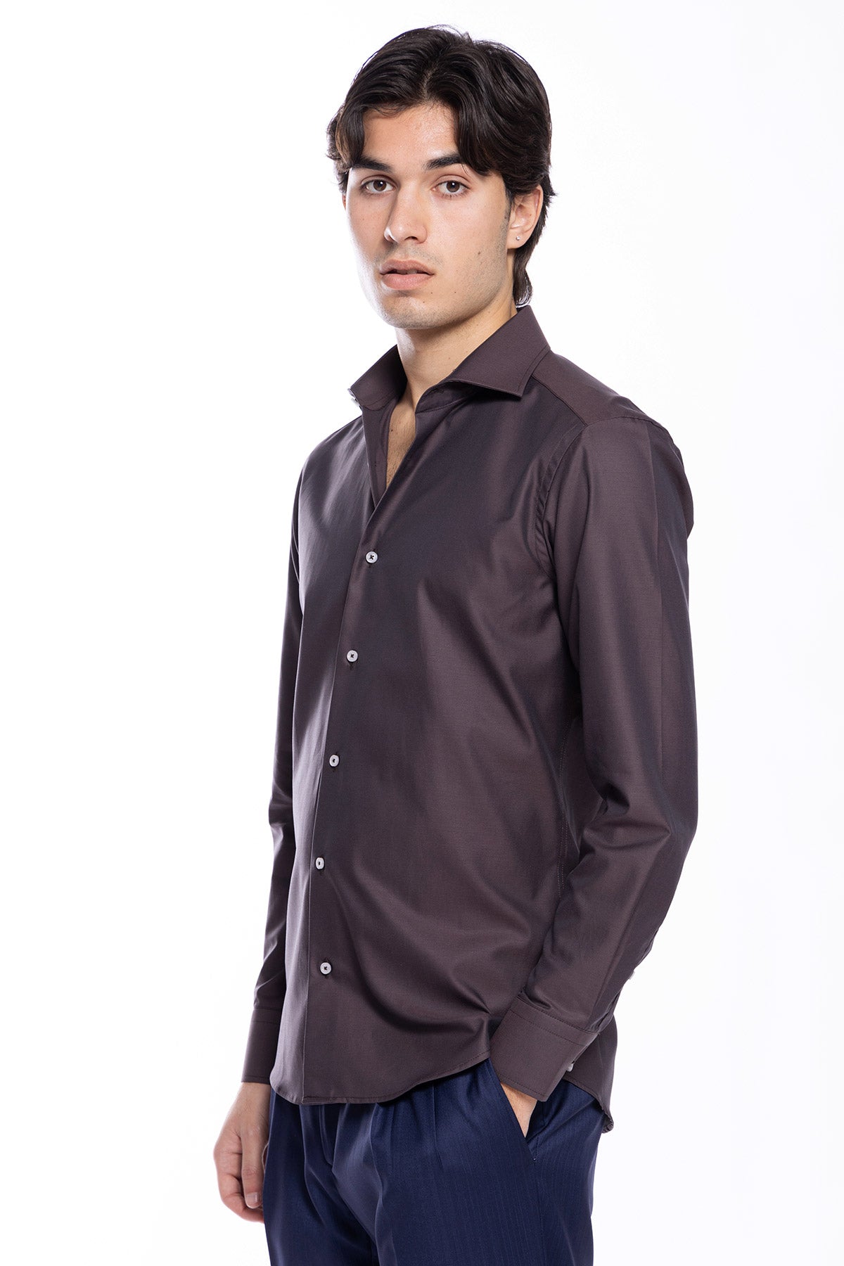 Camicia Uomo slim Fit marrone 100% cotone Tinta unita collo semi francese mileta Tessuti