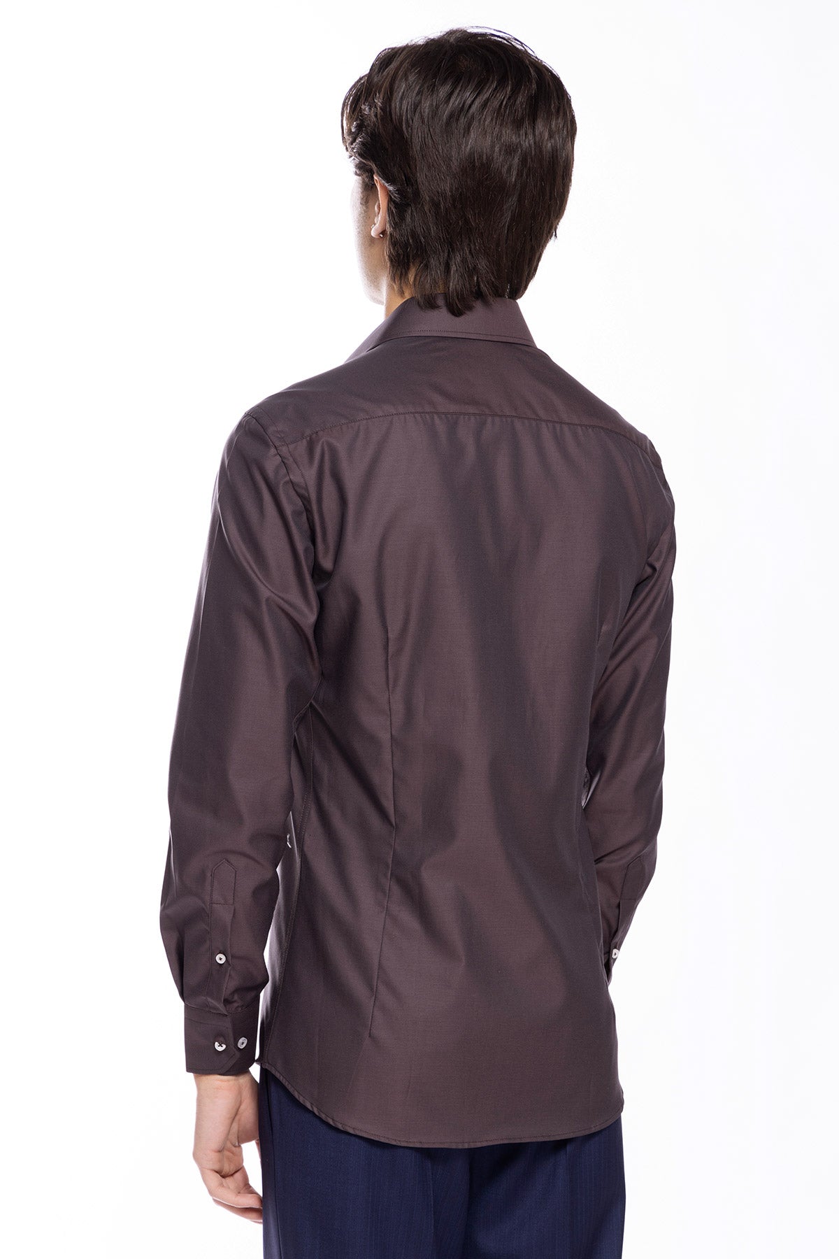 Camicia Uomo slim Fit marrone 100% cotone Tinta unita collo semi francese mileta Tessuti