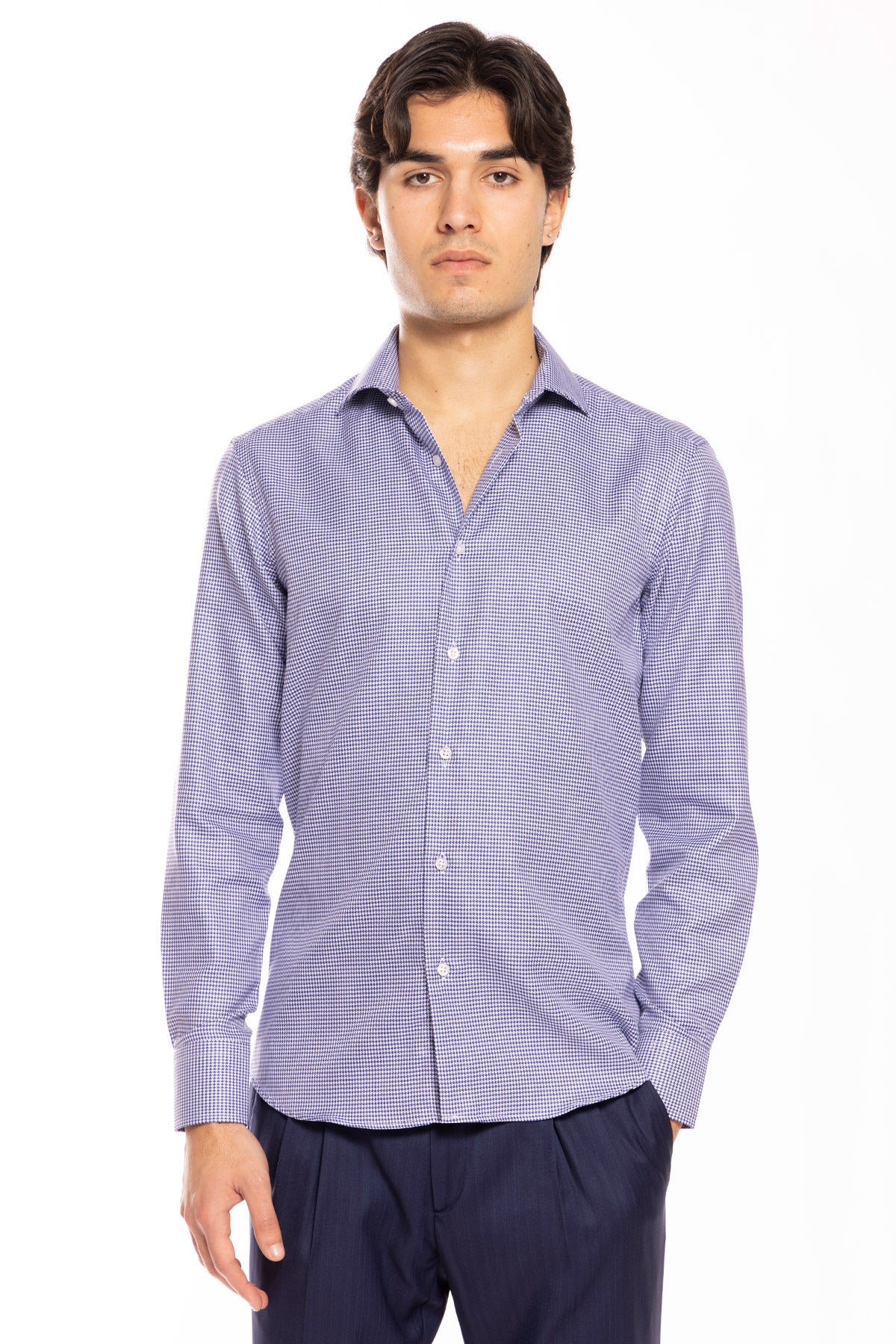 Camicia Uomo slim Fit blu pied poule 100% cotone Tinta unita collo semi francese mileta Tessuti
