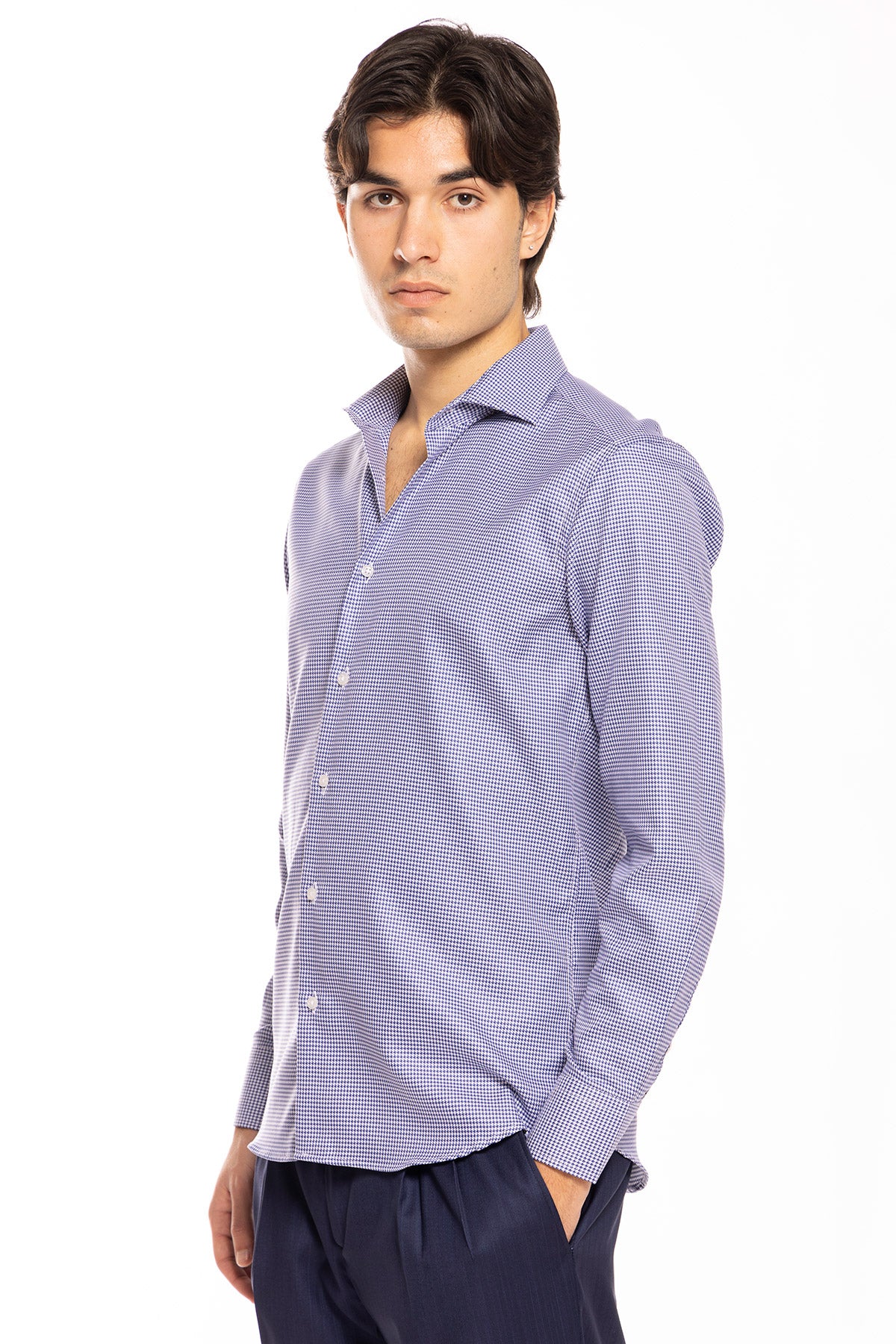 Camicia Uomo slim Fit blu pied poule 100% cotone Tinta unita collo semi francese mileta Tessuti