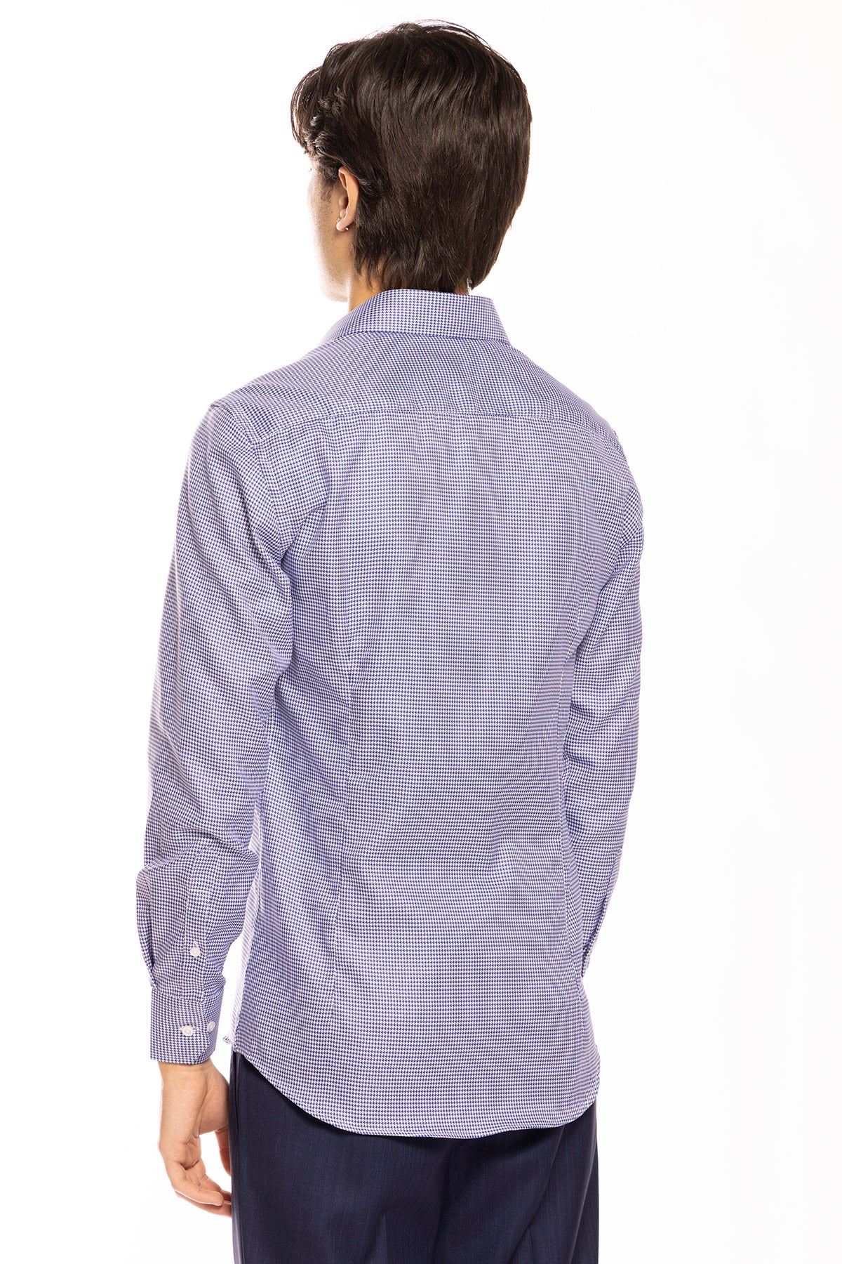 Camicia Uomo slim Fit blu pied poule 100% cotone Tinta unita collo semi francese mileta Tessuti