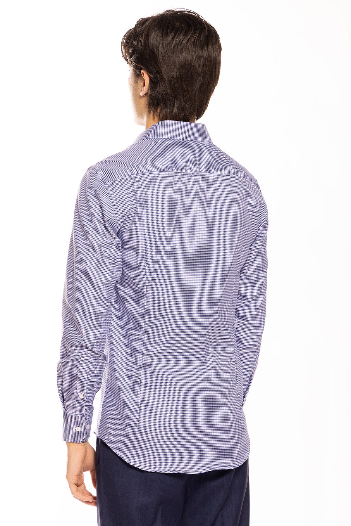 Camicia Uomo slim Fit blu pied poule 100% cotone Tinta unita collo semi francese mileta Tessuti