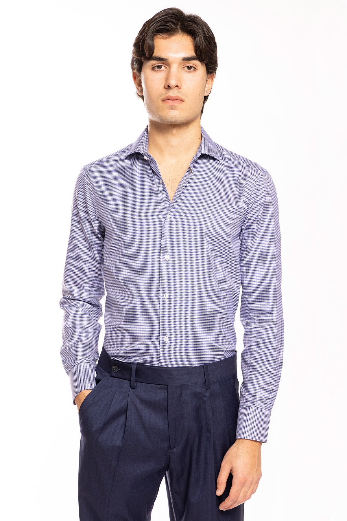 Camicia Uomo slim Fit blu pied poule 100% cotone Tinta unita collo semi francese mileta Tessuti