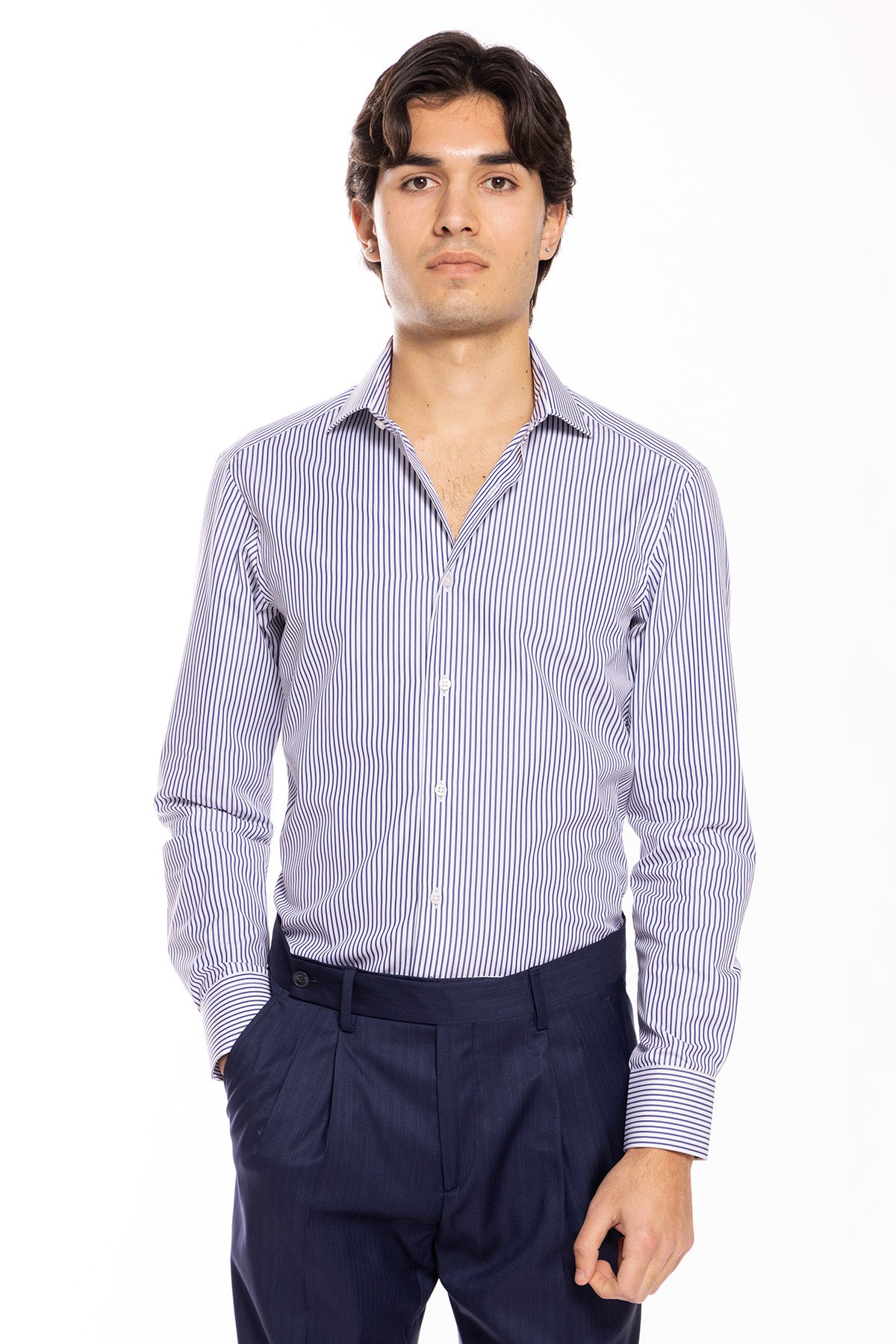 Camicia Uomo slim Fit riga blu stretta 100% cotone collo semi francese mileta Tessuti