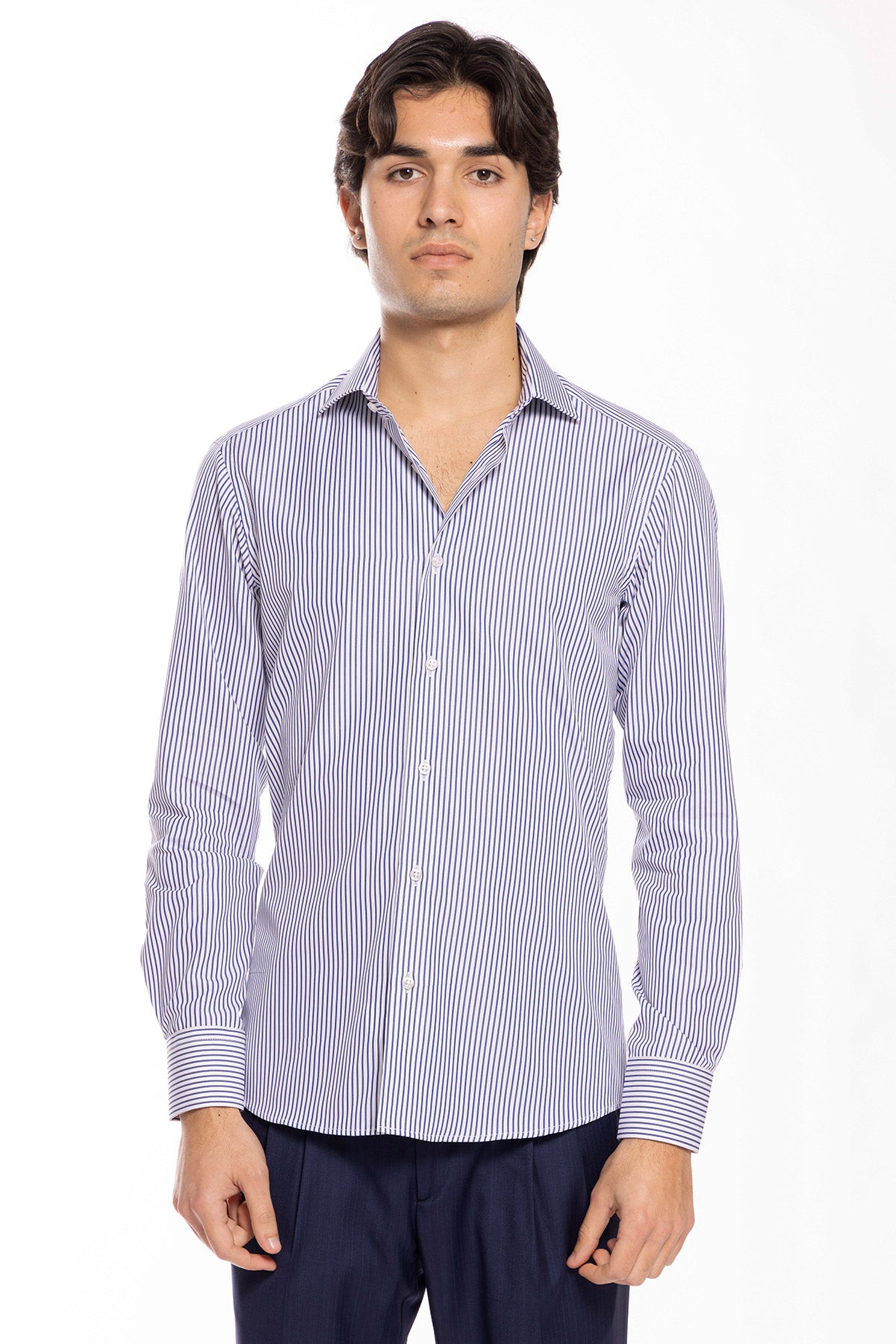 Camicia Uomo slim Fit riga blu stretta 100% cotone collo semi francese mileta Tessuti