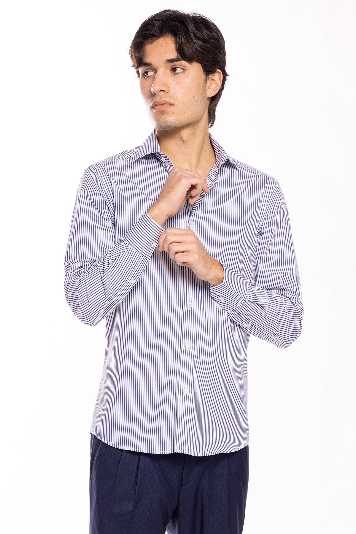 Camicia Uomo slim Fit riga blu stretta 100% cotone collo semi francese mileta Tessuti