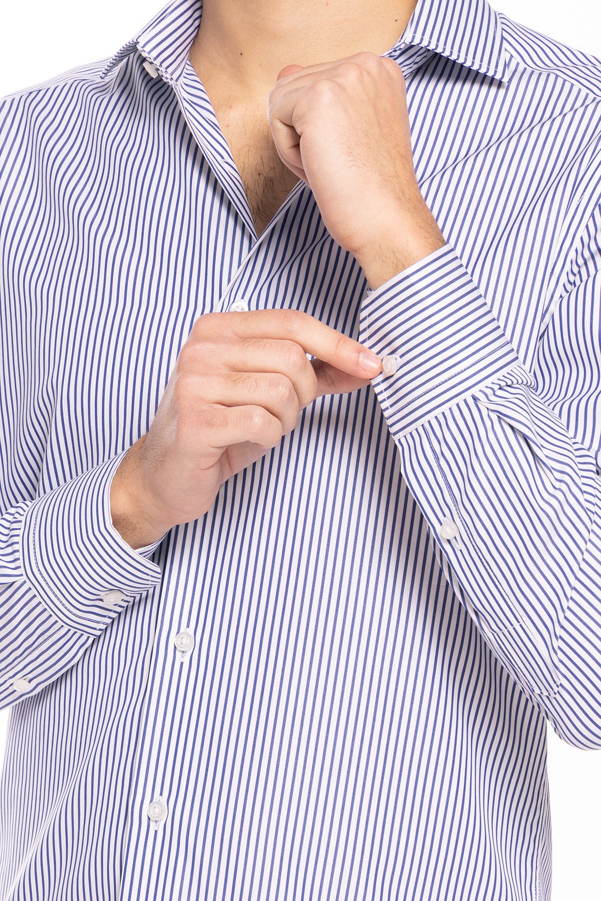 Camicia Uomo slim Fit riga blu stretta 100% cotone collo semi francese mileta Tessuti