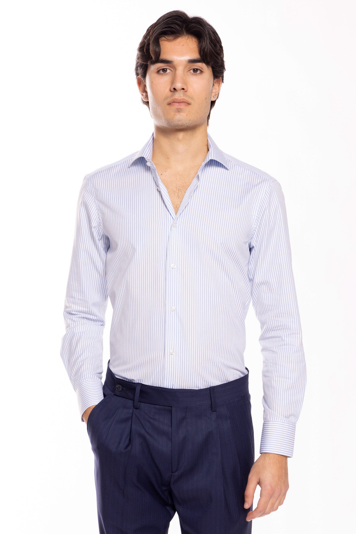 Camicia Uomo slim Fit riga celeste stretta 100% cotone collo semi francese mileta Tessuti