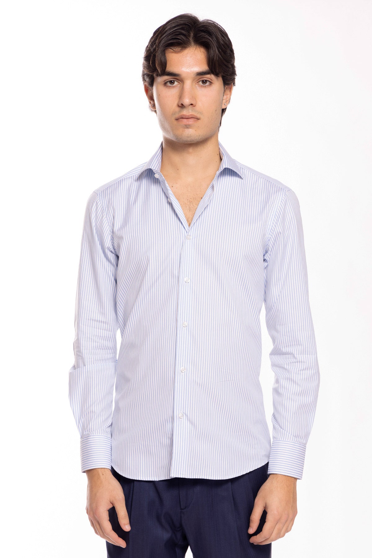 Camicia Uomo slim Fit riga celeste stretta 100% cotone collo semi francese mileta Tessuti