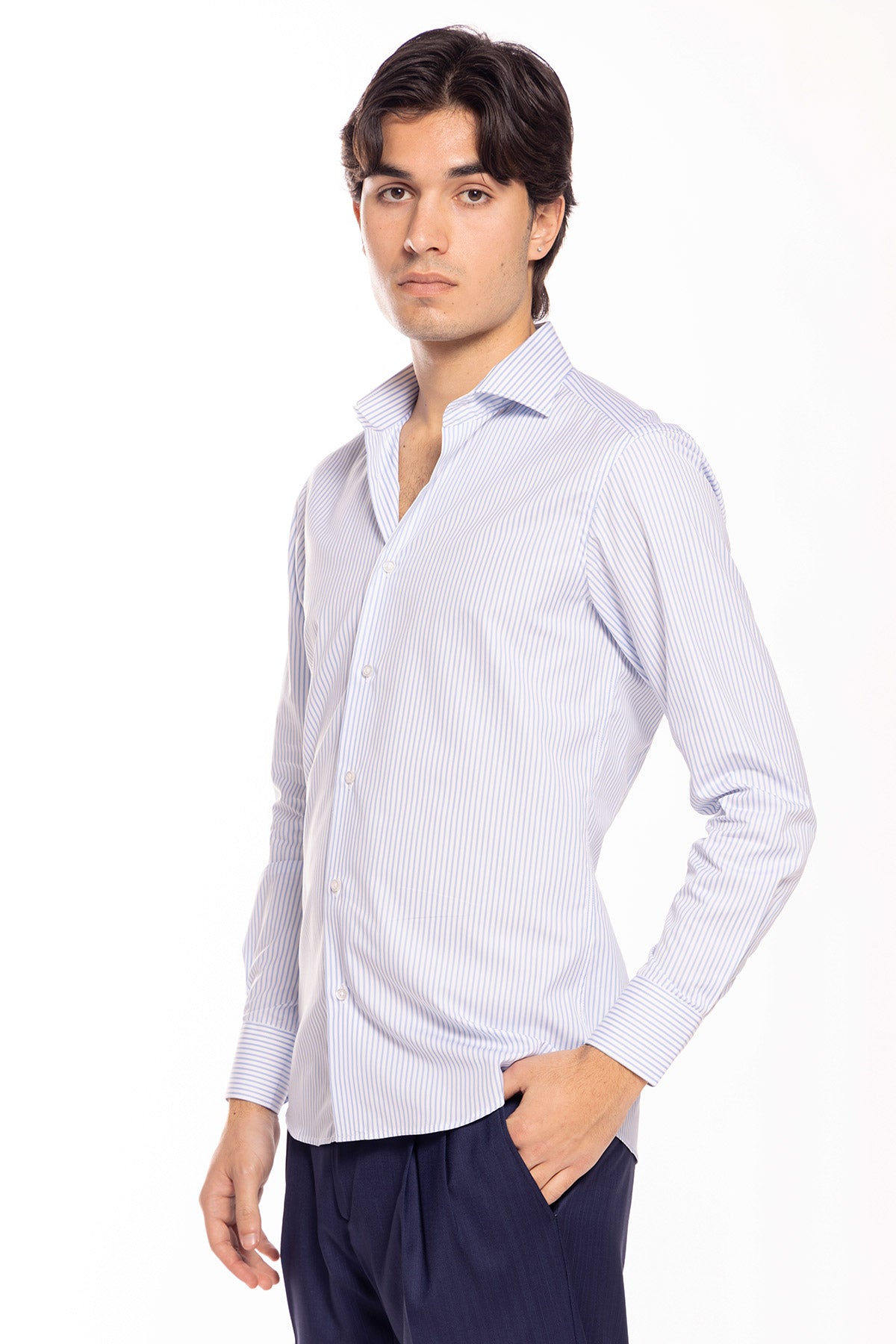 Camicia Uomo slim Fit riga celeste stretta 100% cotone collo semi francese mileta Tessuti